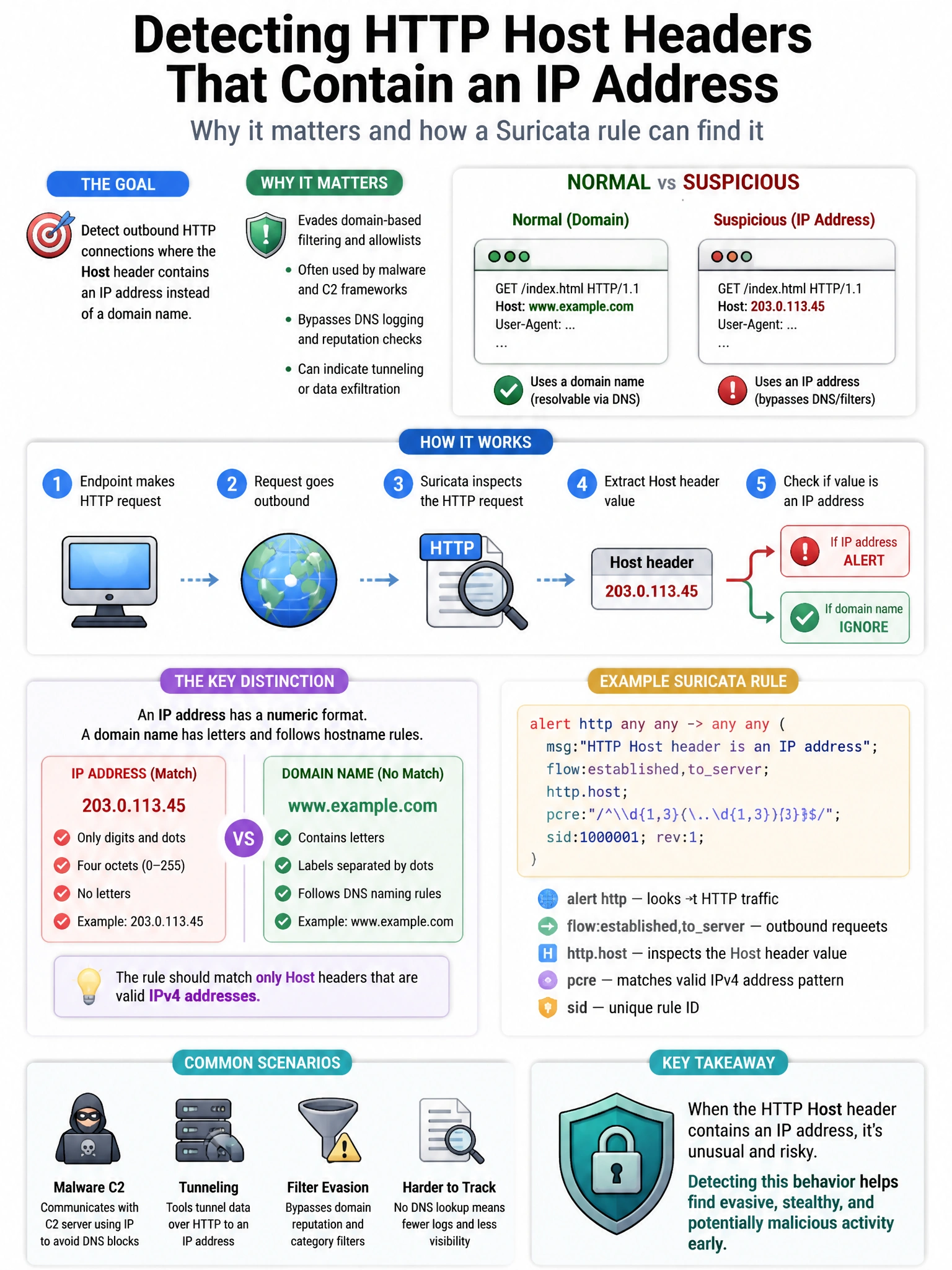Portrait educational infographic teaching: A Suricata analyst wants to write a rule that detects outbound HTTP connections where the Host header contains an IP address instead of a domain name. Why is this significant from . Show labeled components, decision flow, and the key distinction that makes the correct answer correct. Clean modern diagram style.