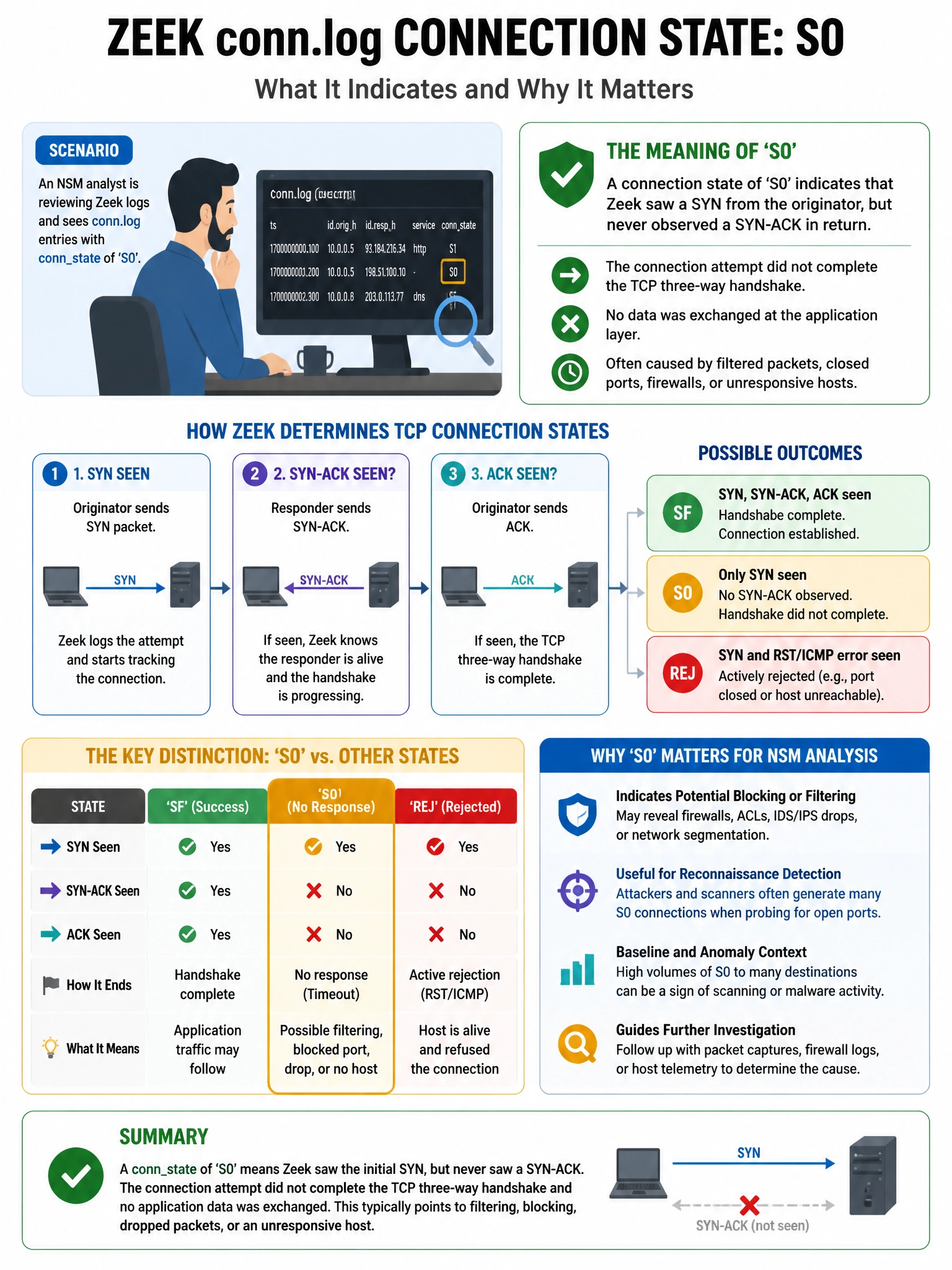 Portrait educational infographic teaching: An NSM analyst is reviewing Zeek logs and sees conn.log entries with connstate of 'S0'. What does this connection state indicate?. Show labeled components, decision flow, and the key distinction that makes the correct answer correct. Clean modern diagram style.
