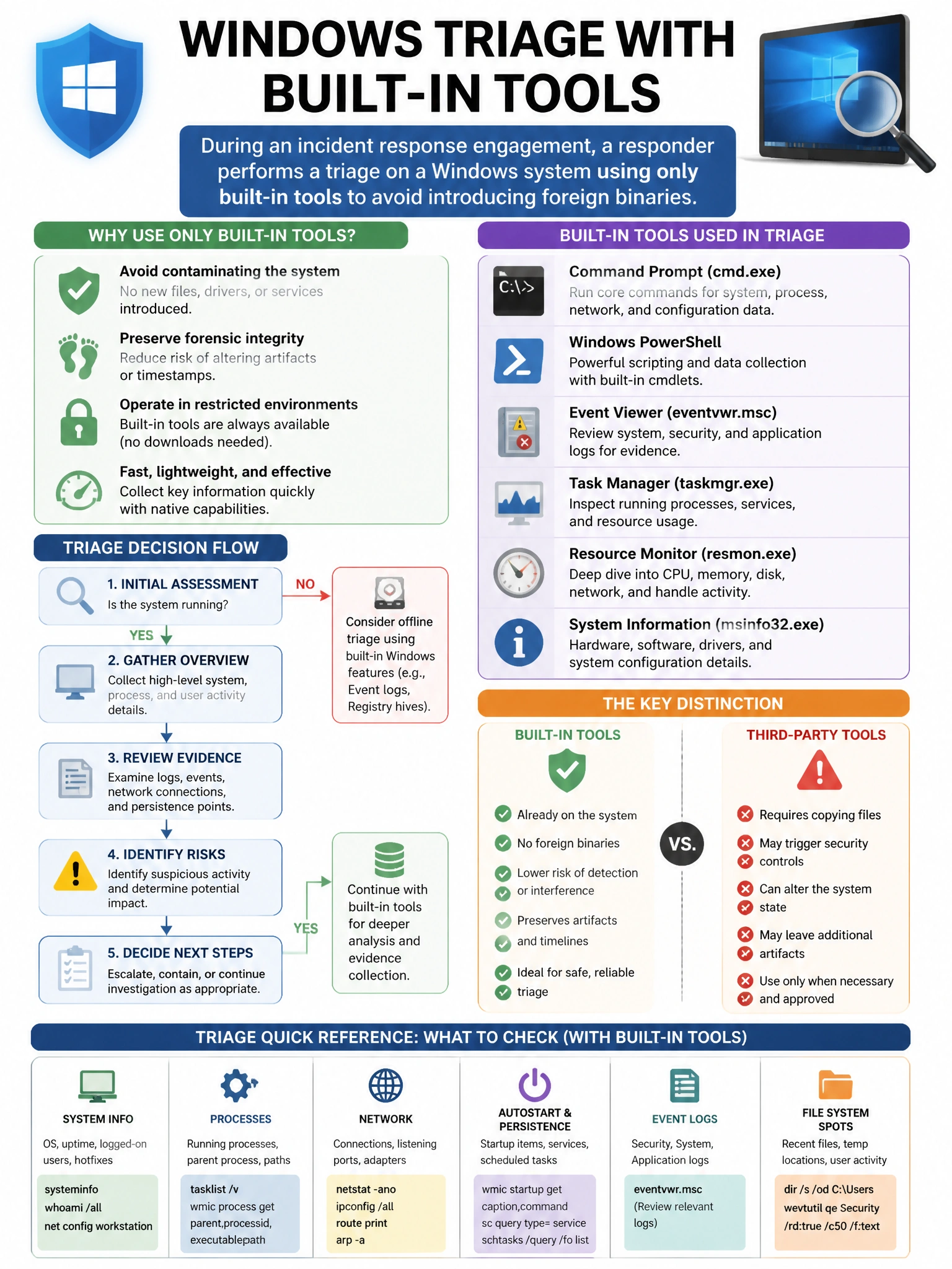 Portrait educational infographic teaching: During an incident response engagement, a responder performs a triage on a Windows system using only built-in tools to avoid introducing foreign binaries. Which Windows built-in co. Show labeled components, decision flow, and the key distinction that makes the correct answer correct. Clean modern diagram style.