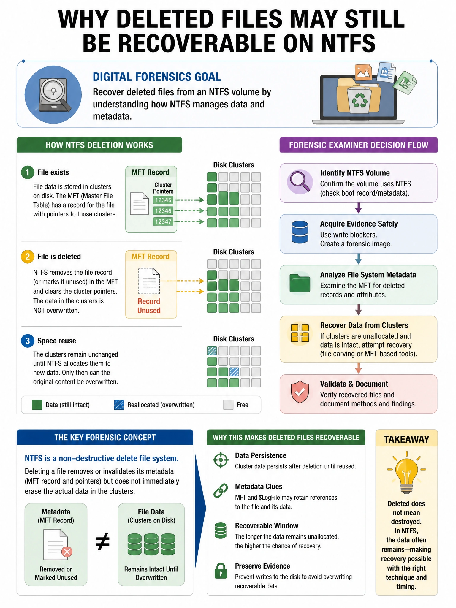 Portrait educational infographic teaching: A digital forensics examiner needs to recover deleted files from an NTFS volume. Which forensic concept explains why deleted files may still be recoverable?. Show labeled components, decision flow, and the key distinction that makes the correct answer correct. Clean modern diagram style.