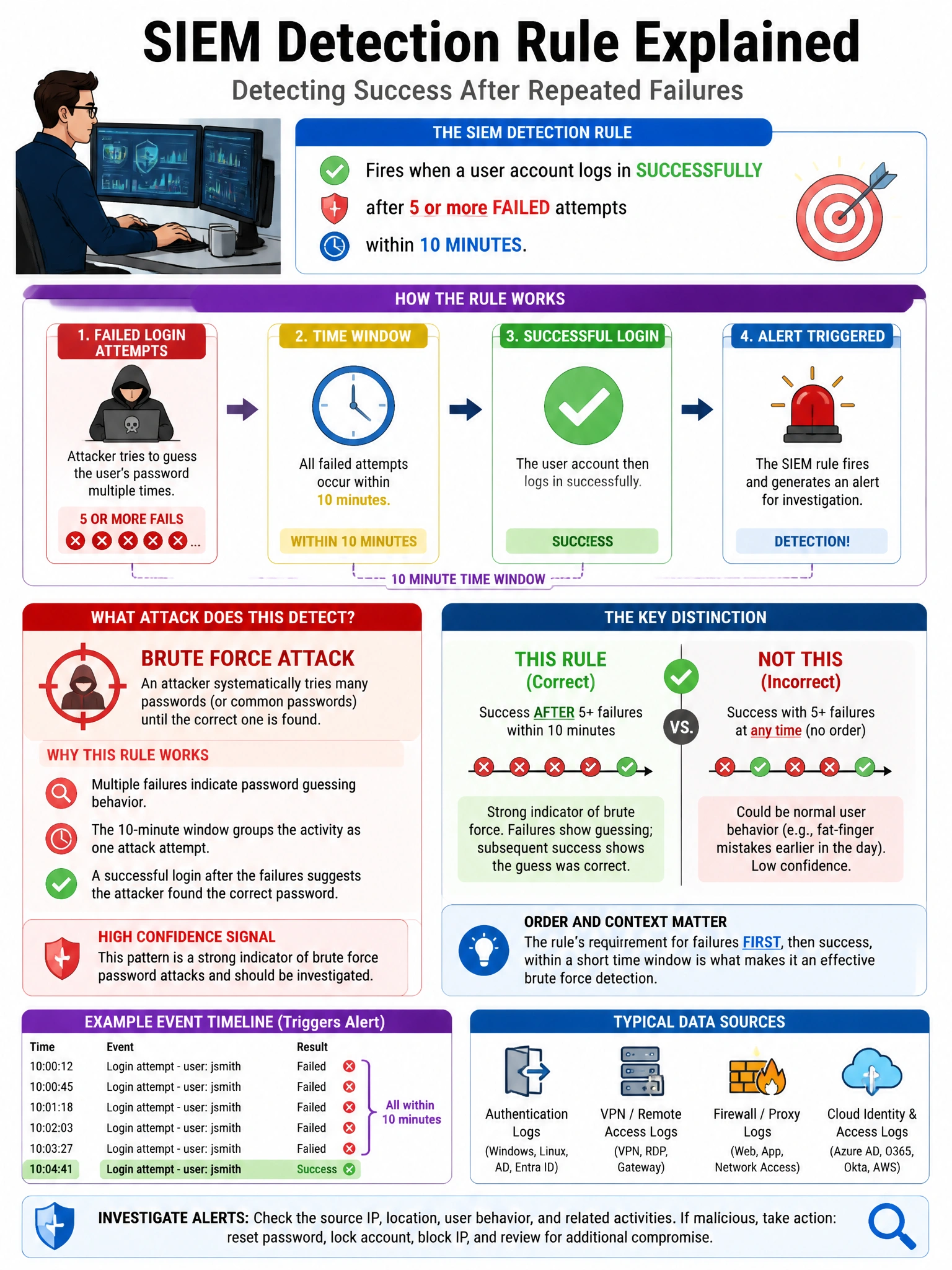 Portrait educational infographic teaching: A SIEM analyst creates a detection rule that fires when a user account logs in successfully after 5 or more failed attempts within 10 minutes. What attack does this detect and what. Show labeled components, decision flow, and the key distinction that makes the correct answer correct. Clean modern diagram style.
