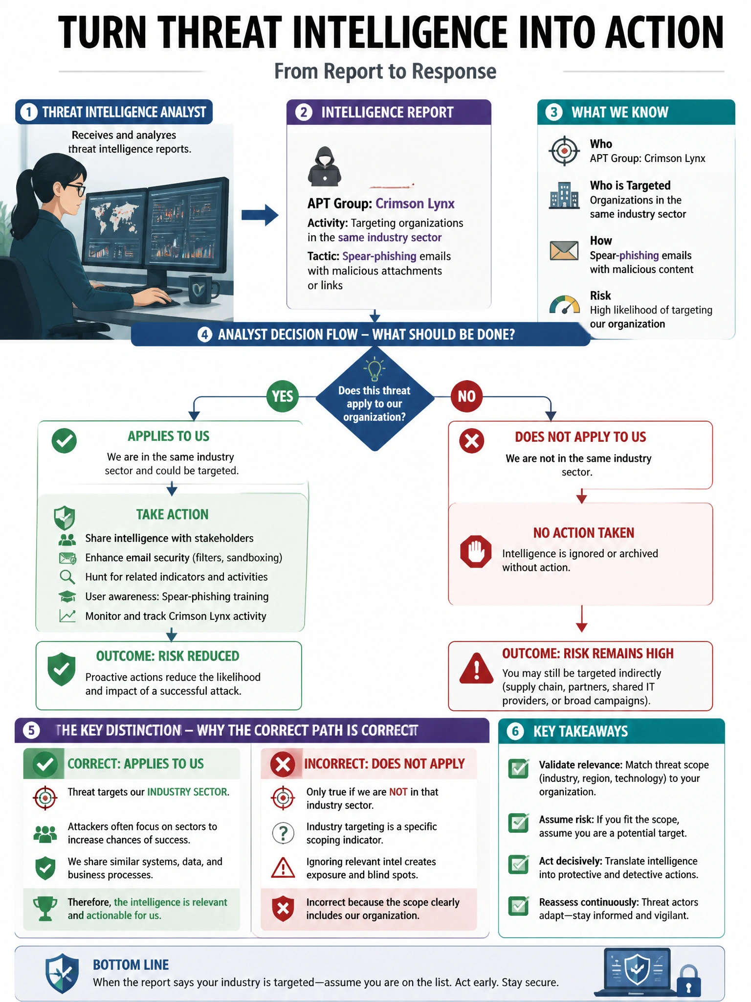Portrait educational infographic teaching: A threat intelligence analyst receives a report indicating that a specific APT group is targeting organizations in the same industry sector using spear-phishing emails with malicio. Show labeled components, decision flow, and the key distinction that makes the correct answer correct. Clean modern diagram style.