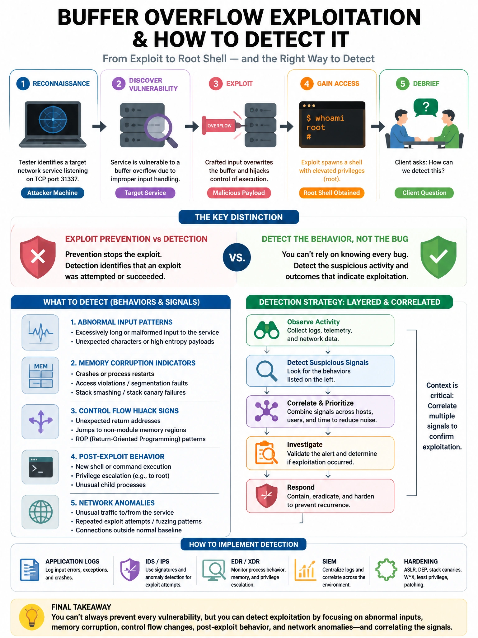 Portrait educational infographic teaching: A penetration tester successfully exploits a buffer overflow vulnerability in a network service and obtains a root shell. During the debrief, the client asks how they can detect th. Show labeled components, decision flow, and the key distinction that makes the correct answer correct. Clean modern diagram style.