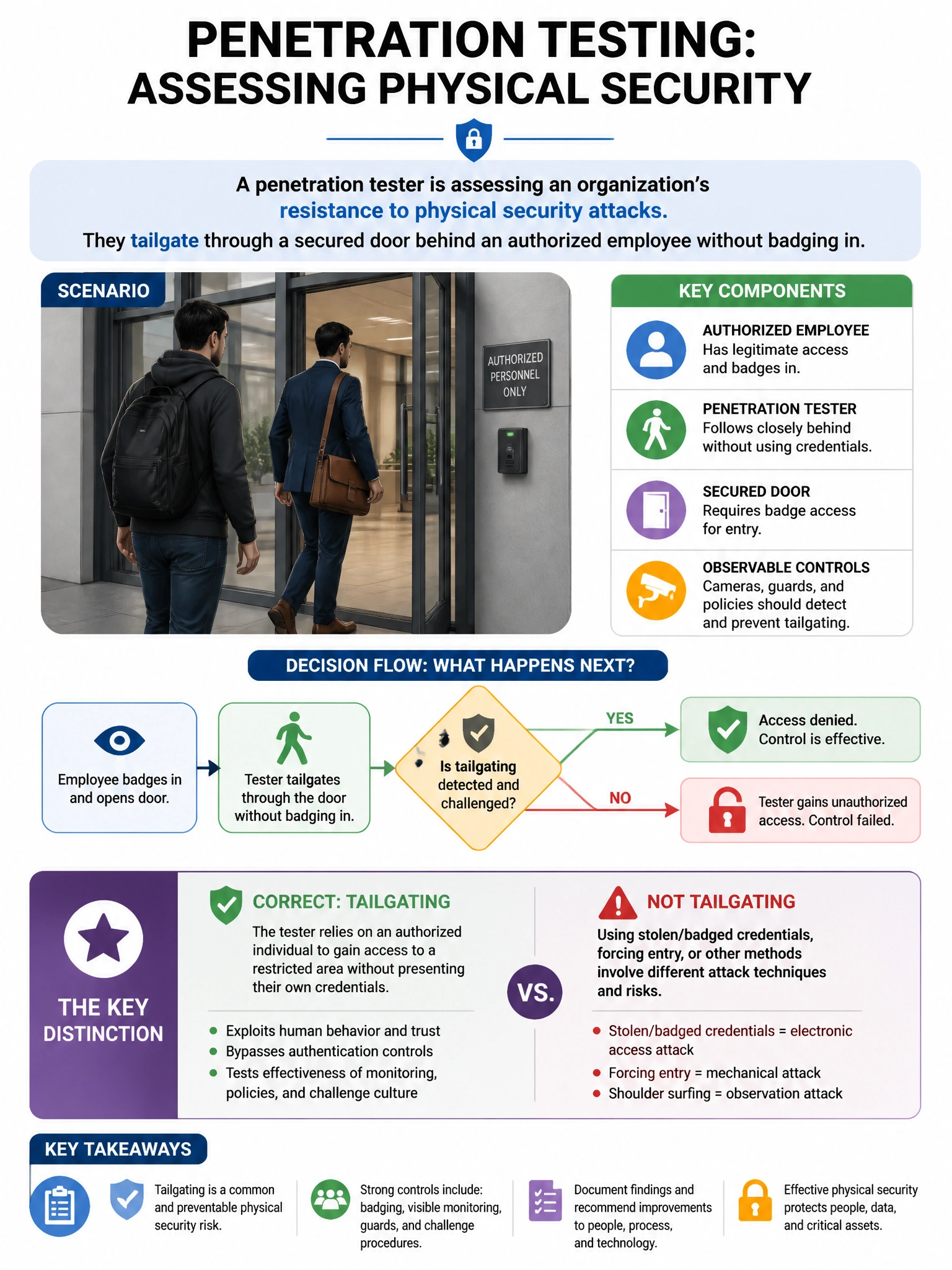 Portrait educational infographic teaching: A penetration tester is assessing an organization's resistance to physical security attacks. They tailgate through a secured door behind an authorized employee without badging in. . Show labeled components, decision flow, and the key distinction that makes the correct answer correct. Clean modern diagram style.