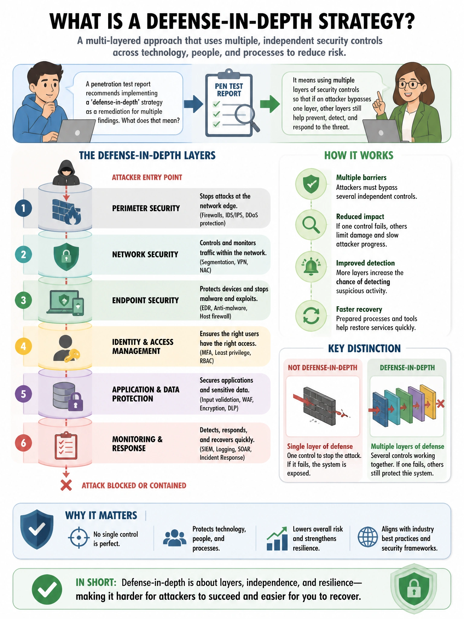 Portrait educational infographic teaching: A penetration test report recommends implementing a 'defense-in-depth' strategy as a remediation for multiple findings. A junior analyst asks what this means. Which description is . Show labeled components, decision flow, and the key distinction that makes the correct answer correct. Clean modern diagram style.