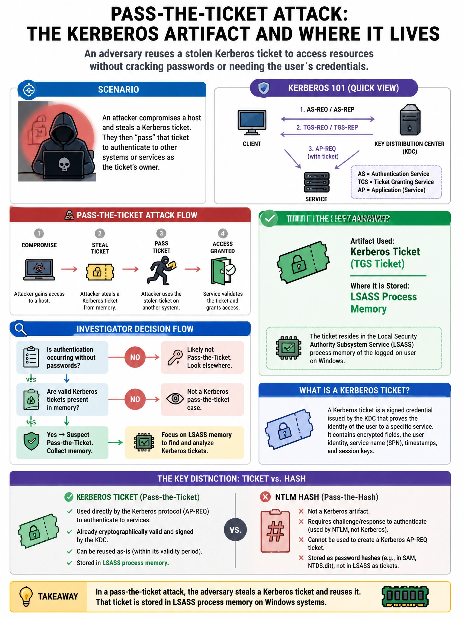 Portrait educational infographic teaching: A security team is investigating an attack where the adversary used a 'pass-the-ticket' attack. What Windows Kerberos artifact does this attack use and where is it stored?. Show labeled components, decision flow, and the key distinction that makes the correct answer correct. Clean modern diagram style.