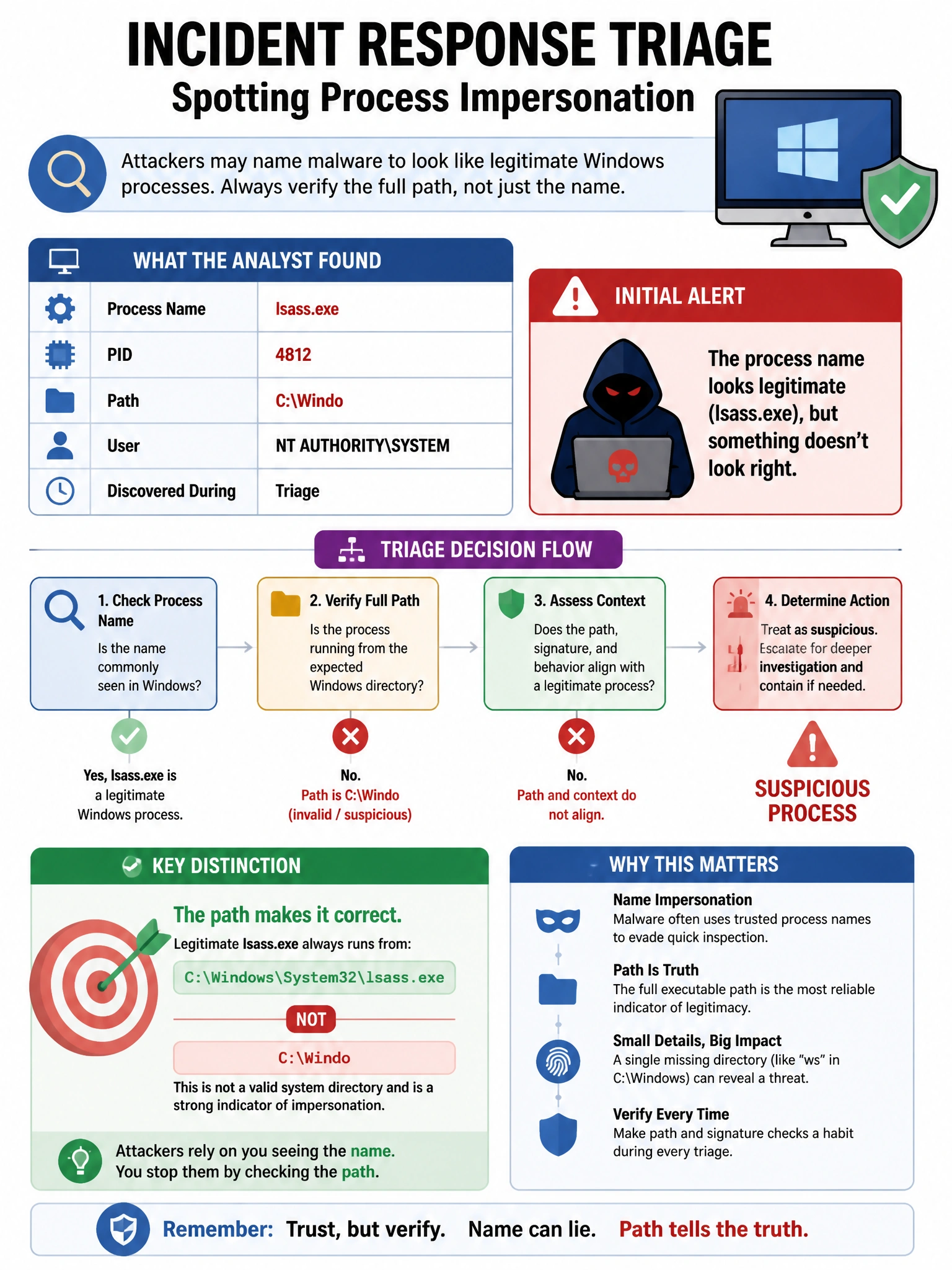 Portrait educational infographic teaching: During incident response triage, an analyst discovers a suspicious process with PID 4812 running on a Windows system. The process is listed as 'lsass.exe' but the path is 'C:\Windo. Show labeled components, decision flow, and the key distinction that makes the correct answer correct. Clean modern diagram style.