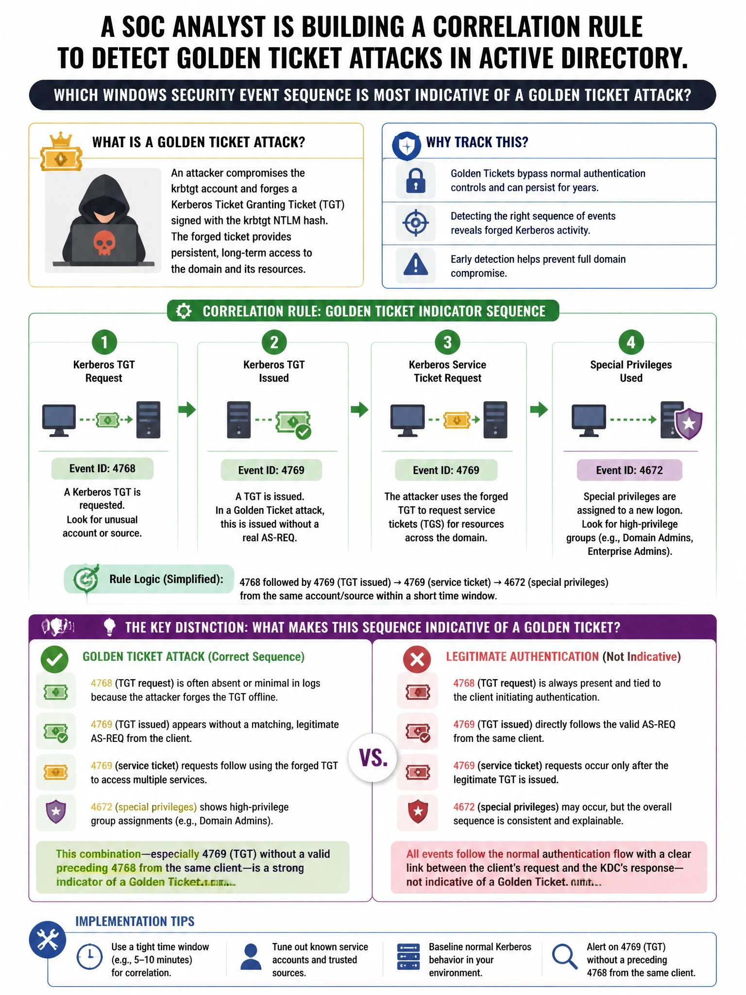 Portrait educational infographic teaching: A SOC analyst is building a correlation rule to detect Golden Ticket attacks in Active Directory. Which Windows Security event sequence is most indicative of a Golden Ticket attack. Show labeled components, decision flow, and the key distinction that makes the correct answer correct. Clean modern diagram style.