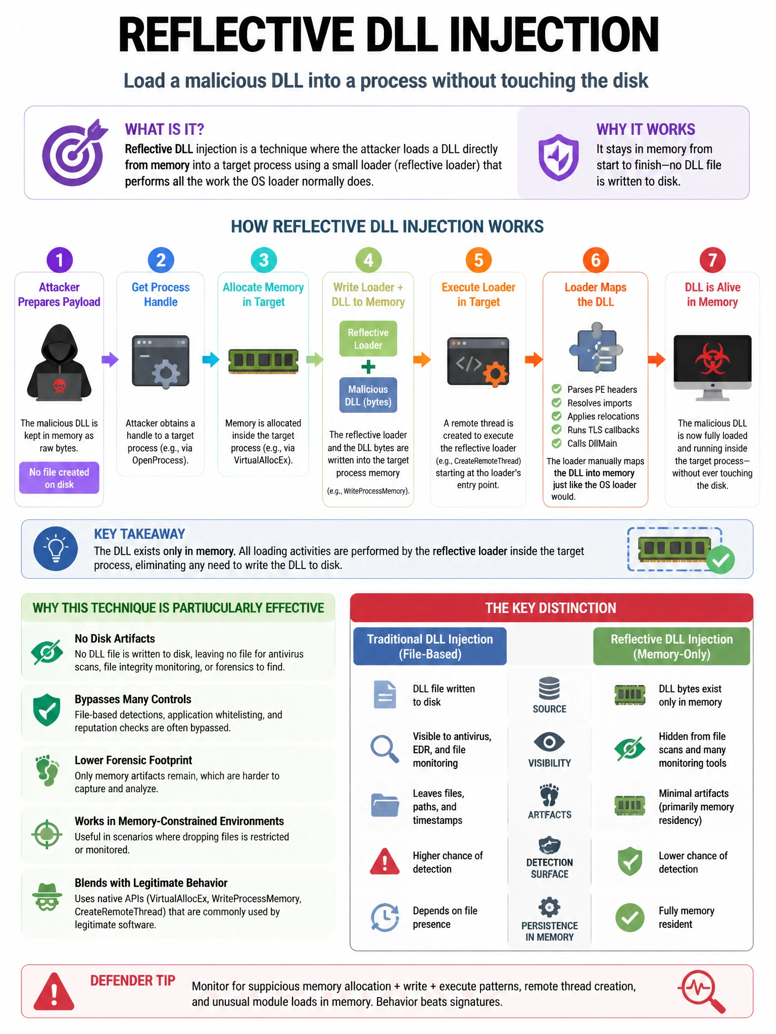 Portrait educational infographic teaching: An attacker uses the technique of 'reflective DLL injection' to load a malicious DLL into a process without touching the disk. What makes this technique particularly effective at e. Show labeled components, decision flow, and the key distinction that makes the correct answer correct. Clean modern diagram style.