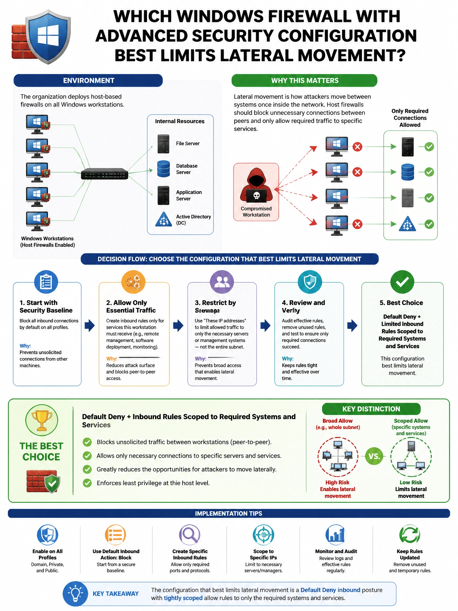 Portrait educational infographic teaching: An organization deploys host-based firewalls on all Windows workstations. Which Windows Firewall with Advanced Security configuration best limits lateral movement?. Show labeled components, decision flow, and the key distinction that makes the correct answer correct. Clean modern diagram style.