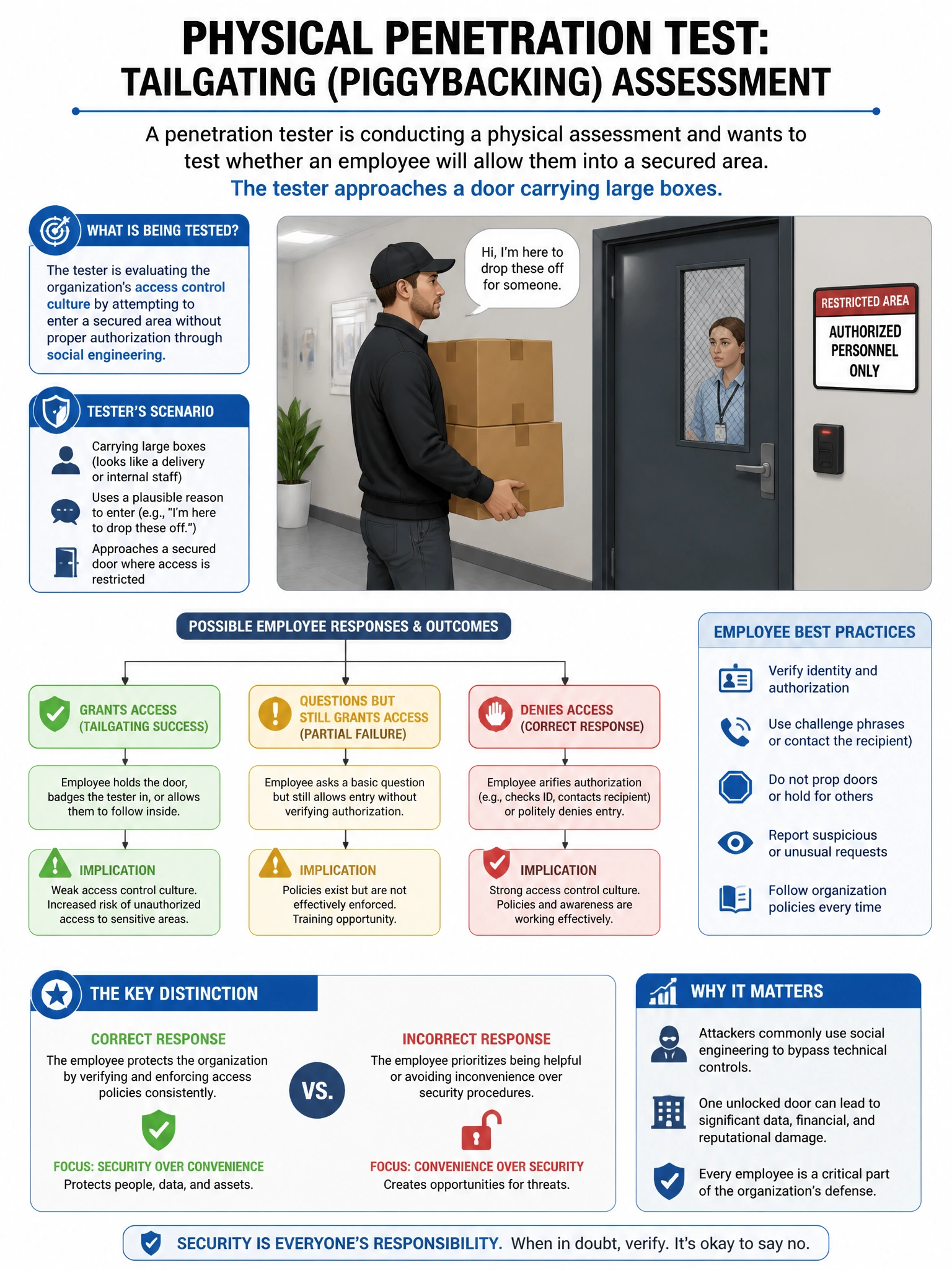Portrait educational infographic teaching: A penetration tester is conducting a physical assessment and wants to test whether an employee will allow them into a secured area. The tester approaches a door carrying large boxe. Show labeled components, decision flow, and the key distinction that makes the correct answer correct. Clean modern diagram style.