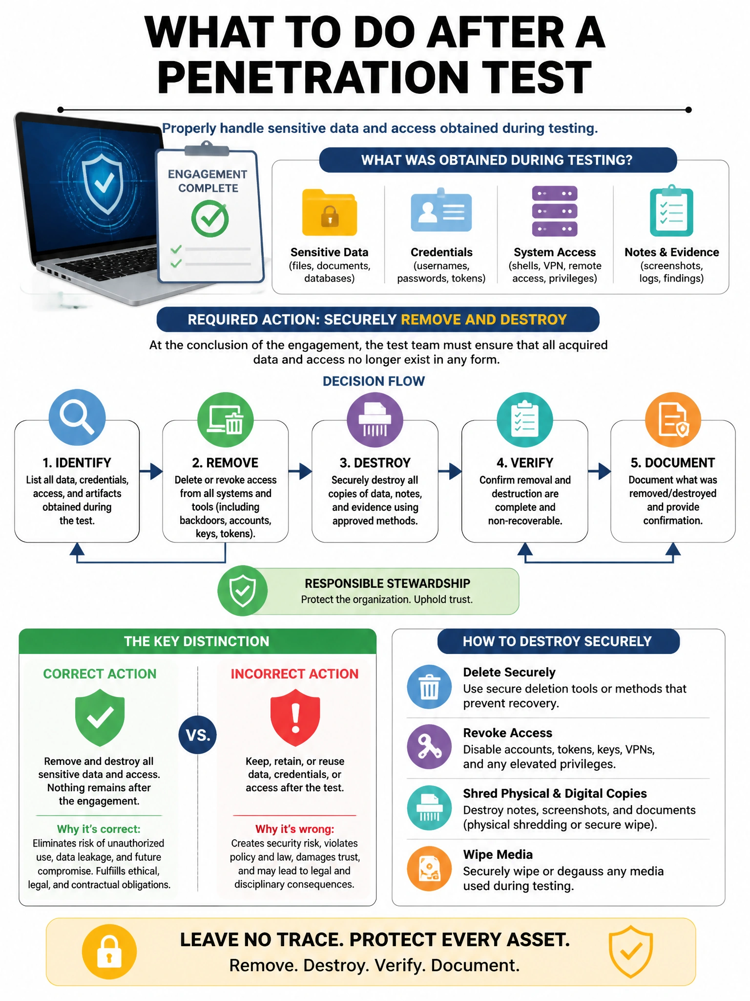 Portrait educational infographic teaching: After completing a penetration test, the test team must handle the sensitive data and access obtained during testing. Which action is required at the conclusion of the engagement p. Show labeled components, decision flow, and the key distinction that makes the correct answer correct. Clean modern diagram style.