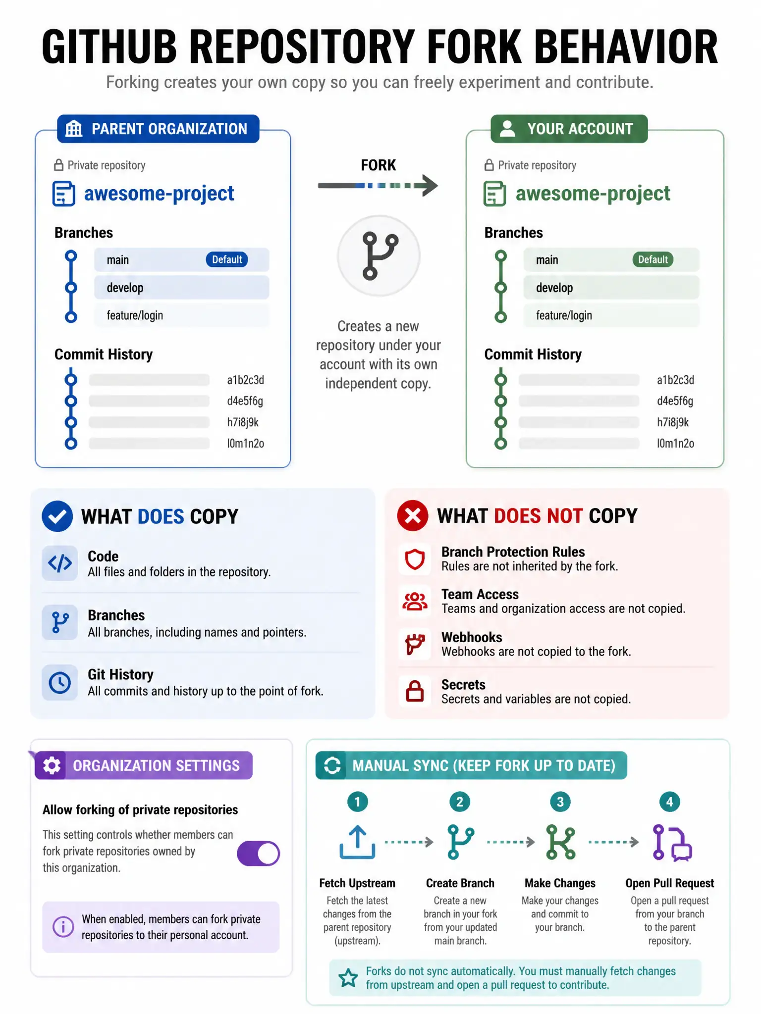 Educational infographic showing GitHub repository fork behavior. Display parent organization repo on left connected to fork on right. Show what DOES copy: code, branches, git history. Show what does NOT copy: branch protection rules, team access, webhooks, secrets. Include organization settings showing 'Allow forking of private repositories' toggle. Show manual sync pull request flow. Blue parent, green fork, red 'not inherited' items. 1024x768 pixels.