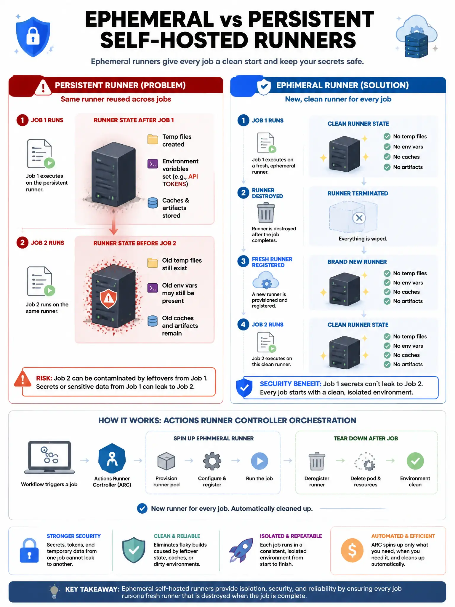 Educational infographic showing ephemeral vs persistent self-hosted runners. Left - Persistent runner problem: Job 1 runs (leaves temp files, env vars) → Job 2 runs on same runner (potentially contaminated). Right - Ephemeral runner solution: Job 1 → runner destroyed → fresh runner registered → Job 2 starts clean. Show security benefit: secrets from Job 1 can't leak to Job 2. Show orchestration: Actions Runner Controller spinning up new ephemeral runners per job. Blue clean/dirty state visualization. 1024x768 pixels.