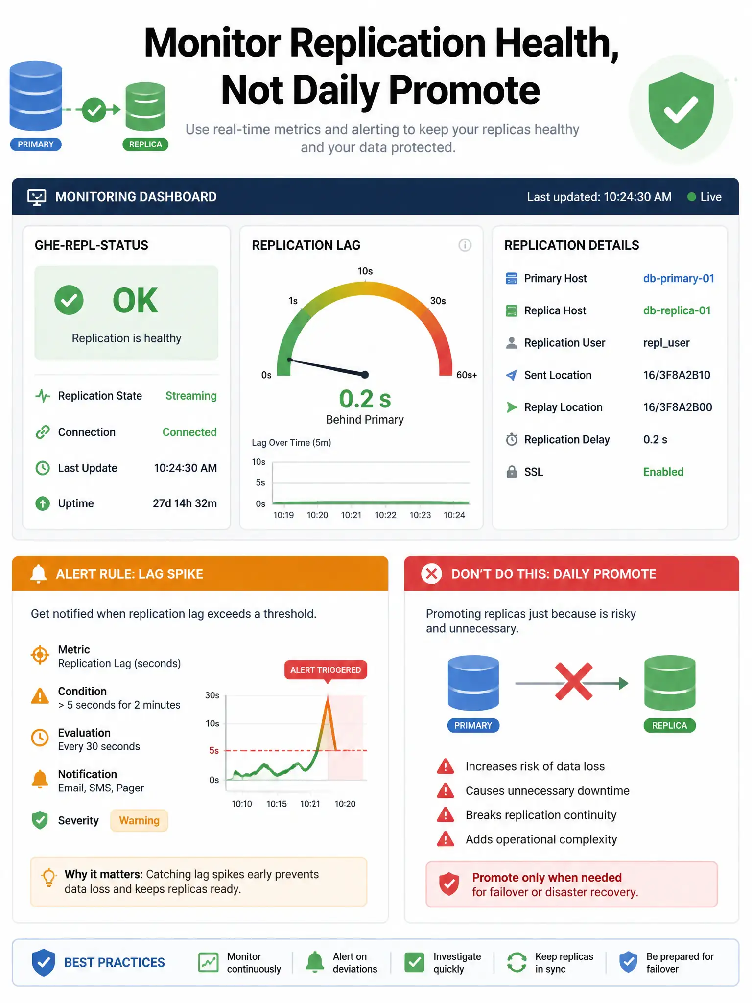 Portrait monitoring dashboard mock: ghe-repl-status green, replication lag gauge near zero, alert rule for lag spike. Warning icon on 'daily promote' with red X.