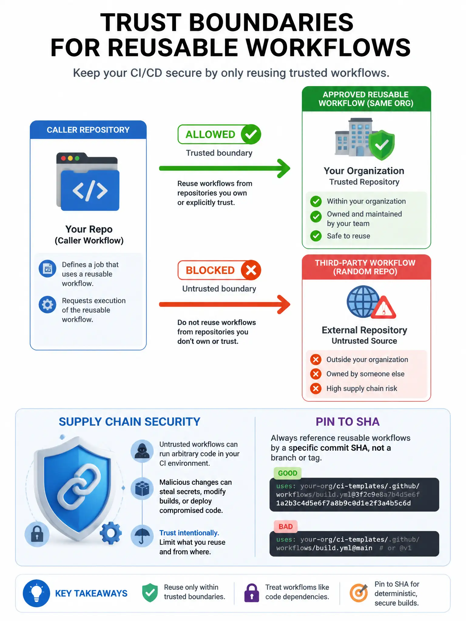Portrait trust-boundary diagram: caller repo arrow to approved reusable workflow org, blocked arrow to random third-party workflow. Supply chain shield and pin-to-sha note.