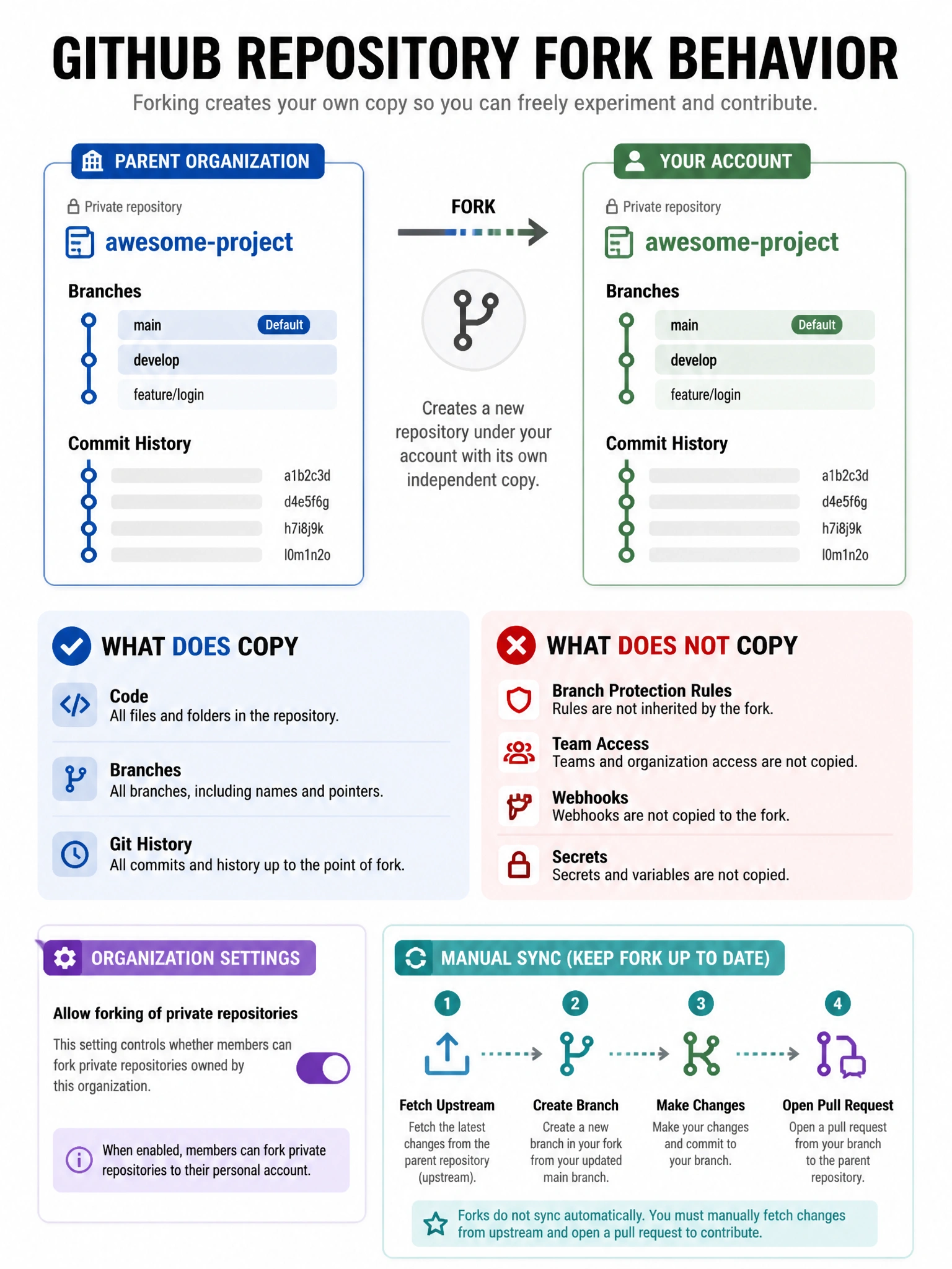 Educational infographic showing GitHub repository fork behavior. Display parent organization repo on left connected to fork on right. Show what DOES copy: code, branches, git history. Show what does NOT copy: branch protection rules, team access, webhooks, secrets. Include organization settings showing 'Allow forking of private repositories' toggle. Show manual sync pull request flow. Blue parent, green fork, red 'not inherited' items. 1024x768 pixels.