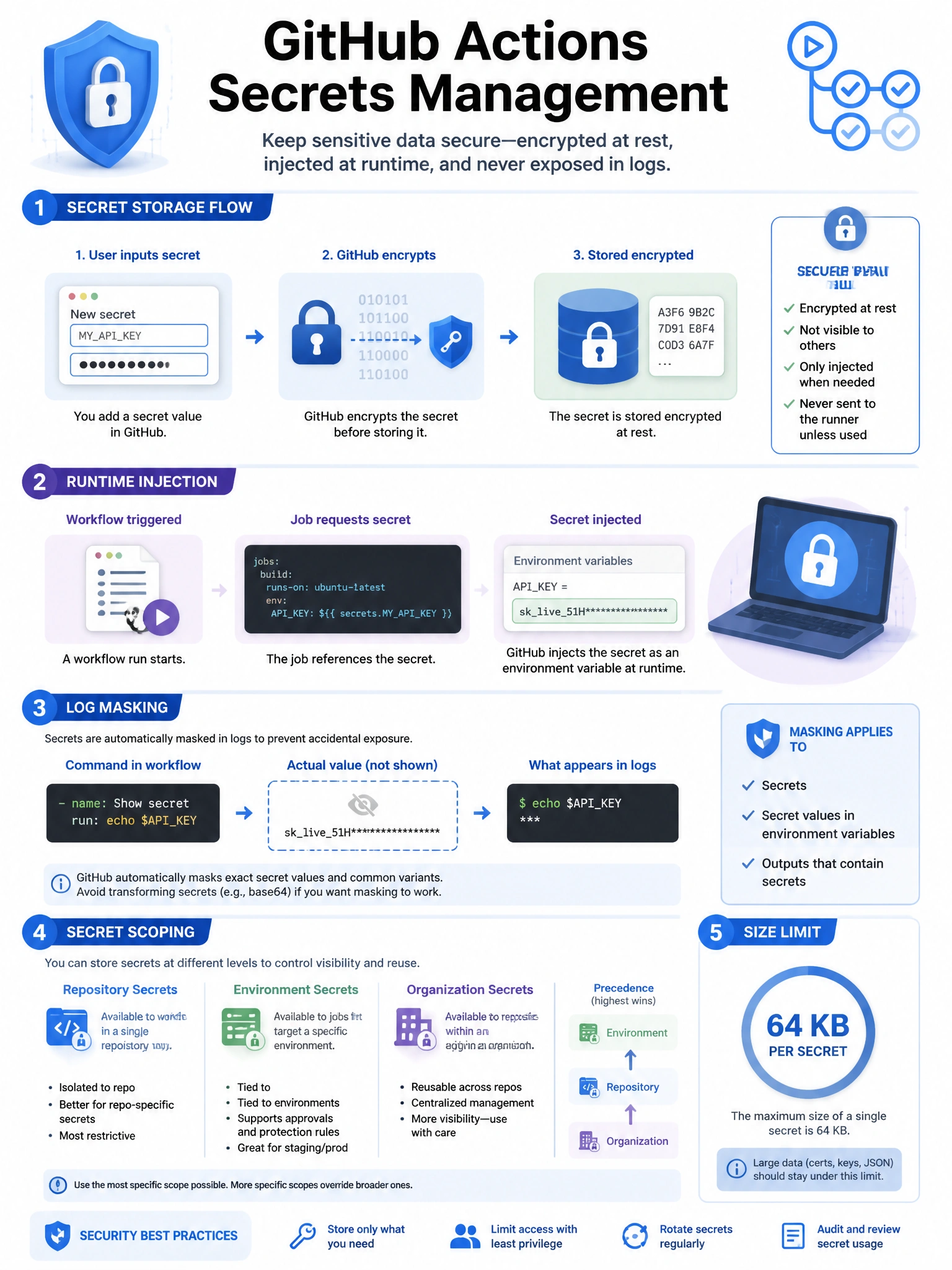 Educational infographic explaining GitHub Actions secrets management. Show secret storage flow: user inputs secret → GitHub encrypts → stored encrypted. Show runtime injection: workflow job receives secret as environment variable. Display log masking: echo $SECRET → '' in logs. Include secret scoping diagram (repository, environment, organization). Show 64 KB size limit indicator. Security lock and encryption icons with blue GitHub color scheme. 1024x768 pixels.
