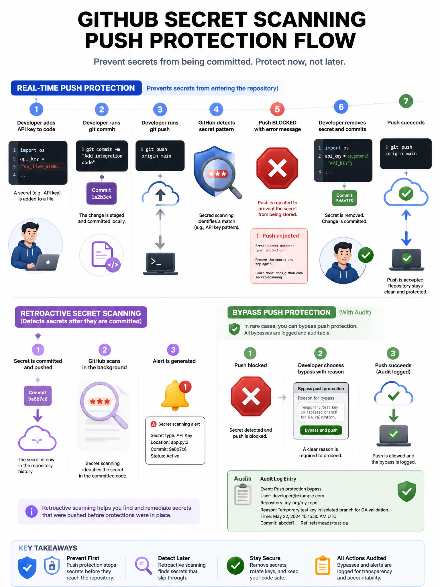Educational infographic showing GitHub secret scanning push protection flow. Display timeline: developer adds API key to code → git commit → git push → GitHub detects secret pattern → push BLOCKED with error message → developer removes secret → successful push. Contrast with retroactive scanning (secret committed → alert generated). Show bypass option with audit reason. Red block icon at push stage, green checkmark after remediation. 1024x768 pixels.