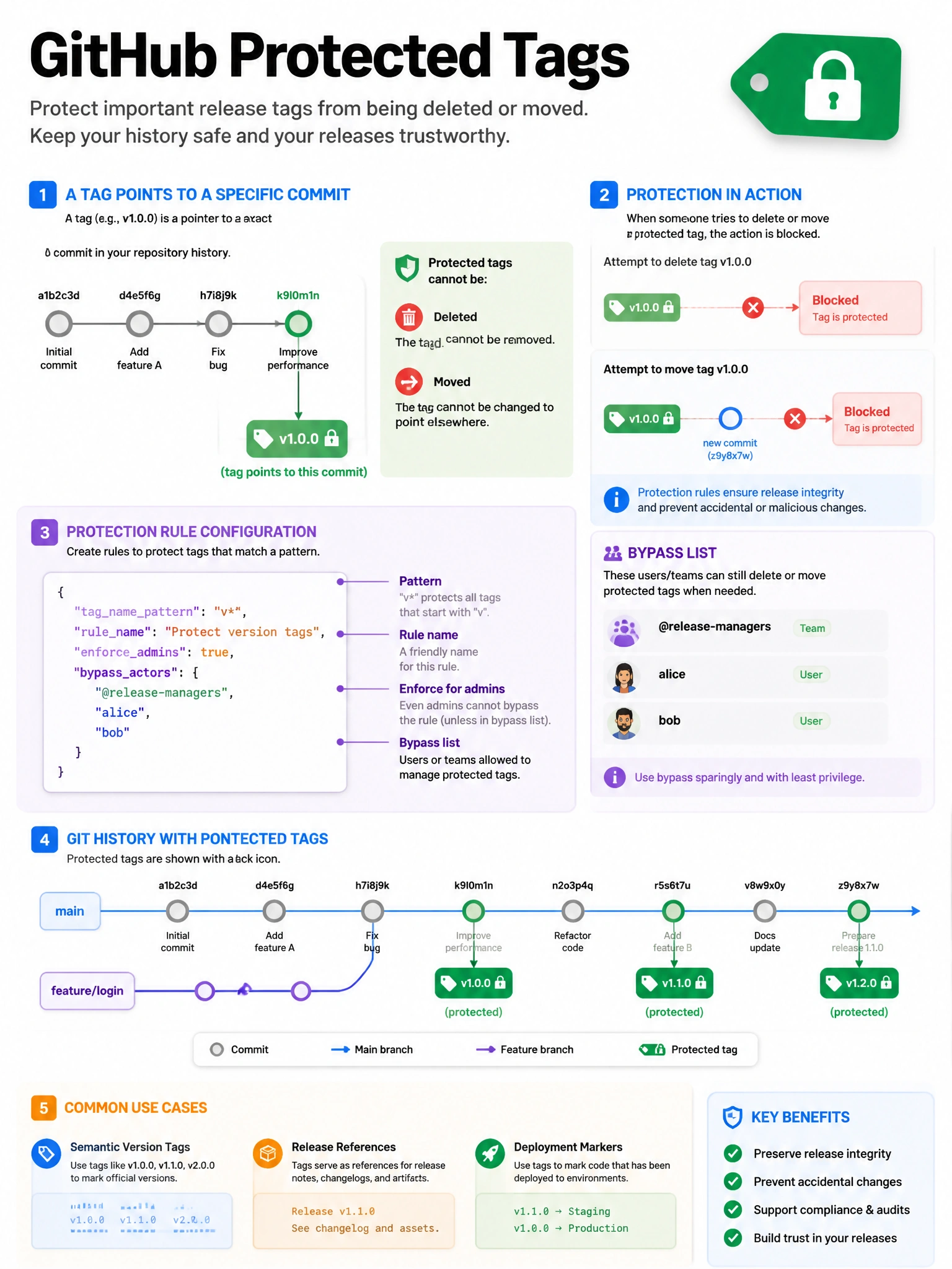 Educational infographic explaining GitHub protected tags. Show a git tag (v1.0.0) attached to a specific commit. Display attempt to delete or move the tag being blocked by protection rule. Show protection rule configuration: pattern 'v' protects all version tags. Include bypass list (release managers can still manage). Show use cases: semantic version tags, release references, deployment markers. Git history timeline with protected tags marked with lock icons. Green locked tag icons with git branch visualization. 1024x768 pixels.