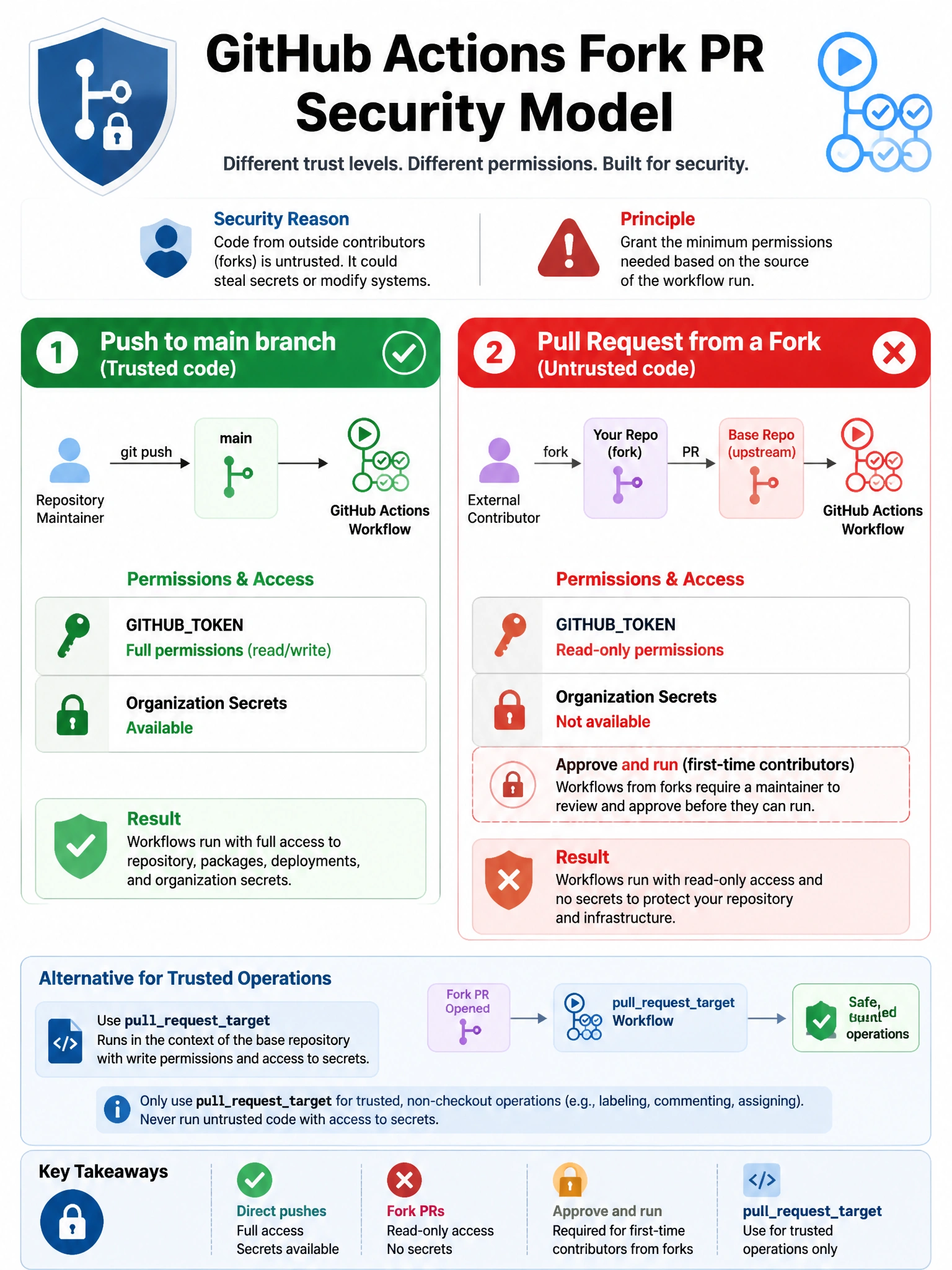 Educational infographic showing GitHub Actions fork PR security model. Display two scenarios: (1) Push to main branch → full GITHUBTOKEN permissions + org secrets. (2) Fork PR → read-only GITHUBTOKEN + no org secrets. Show the security reason: untrusted code from external contributor. Show 'pullrequesttarget' as alternative for trusted operations. Include 'Approve and run' gate for first-time contributors. Red warning on fork, green checkmark on direct push. Security shield with fork/branch visualization. 1024x768 pixels.