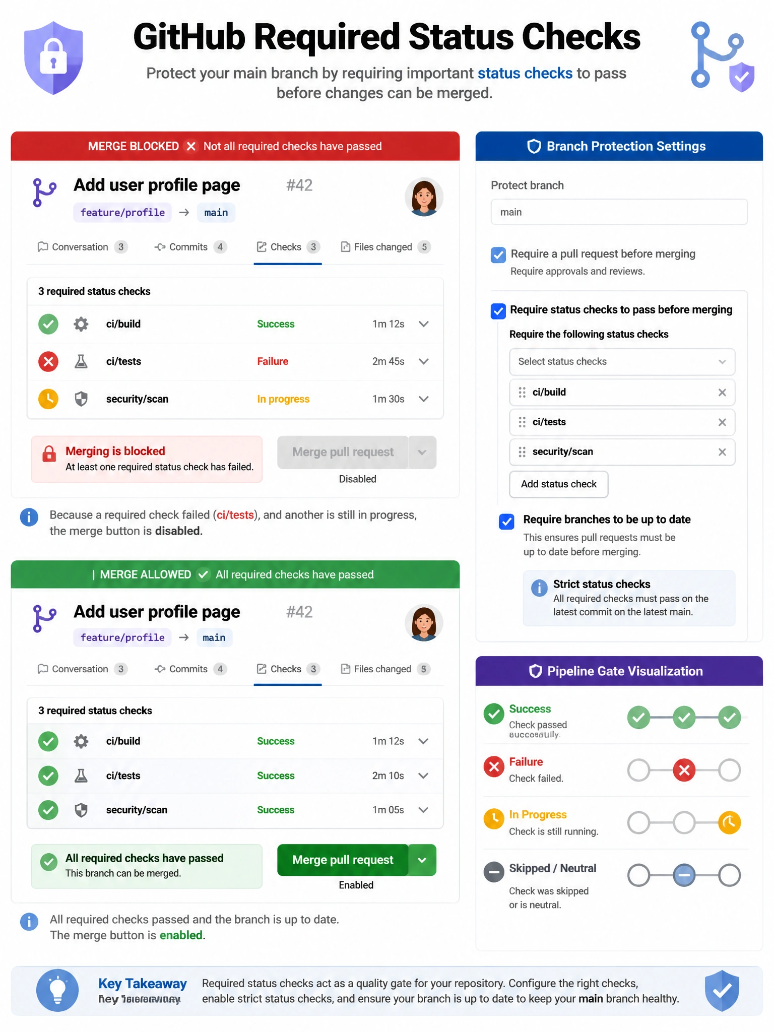 Educational infographic showing GitHub required status checks. Display a pull request with three status checks: 'ci/build' (green ✓), 'ci/tests' (red ✗), 'security/scan' (yellow ⌛). Show merge button DISABLED because tests failed. Show merge button ENABLED after all checks pass (all green). Include branch protection settings panel showing check name selector. Include 'strict status checks' option requiring up-to-date branch. Pipeline gate visualization with green/red/yellow status icons. 1024x768 pixels.