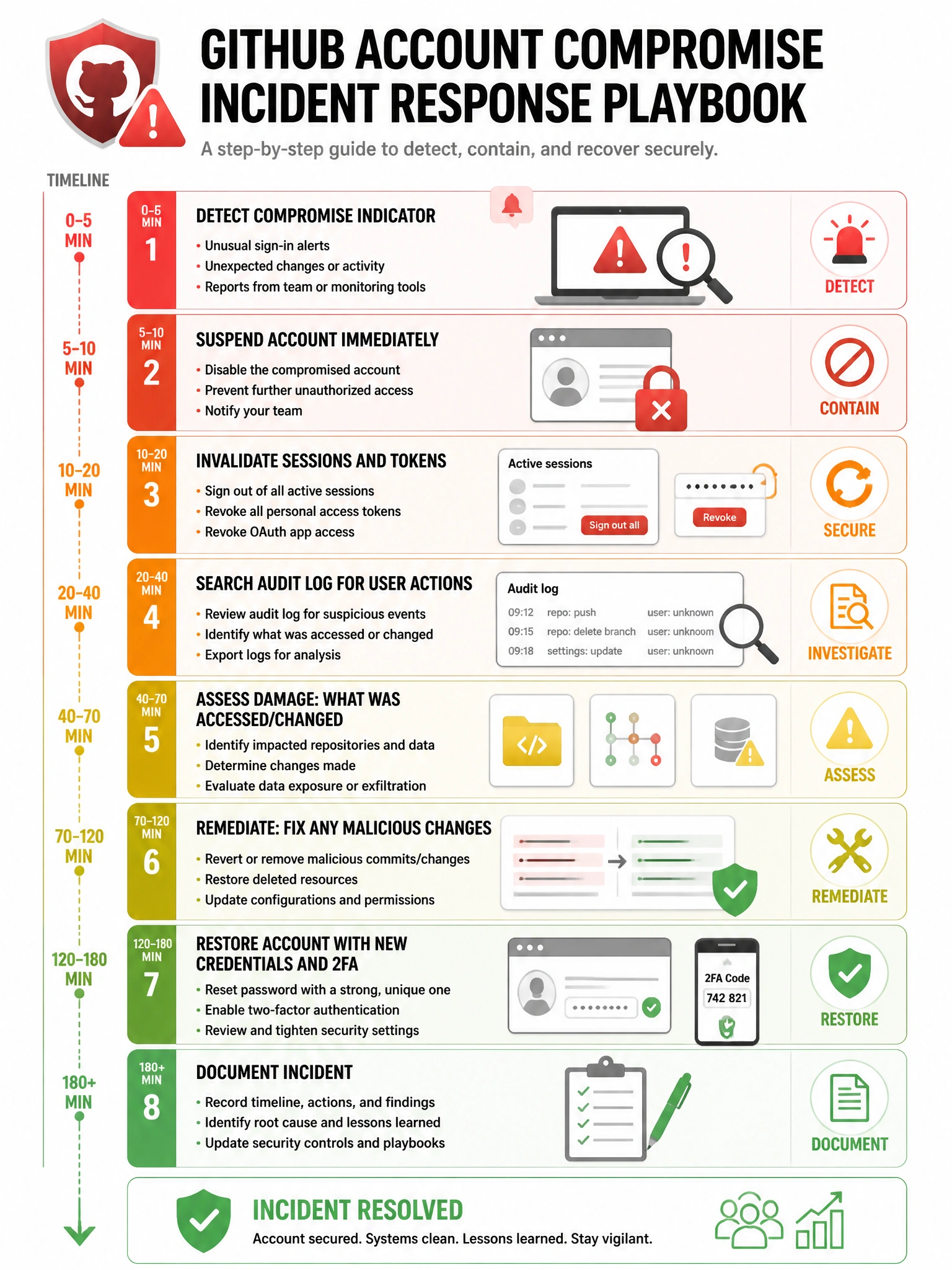 Educational infographic showing GitHub account compromise incident response playbook. Display step-by-step response: (1) Detect compromise indicator (2) Suspend account immediately (3) Invalidate sessions and tokens (4) Search audit log for user actions (5) Assess damage: what was accessed/changed (6) Remediate: fix any malicious changes (7) Restore account with new credentials and 2FA (8) Document incident. Show timeline with each step. Red alert to green resolution color flow with security incident playbook design. 1024x768 pixels.