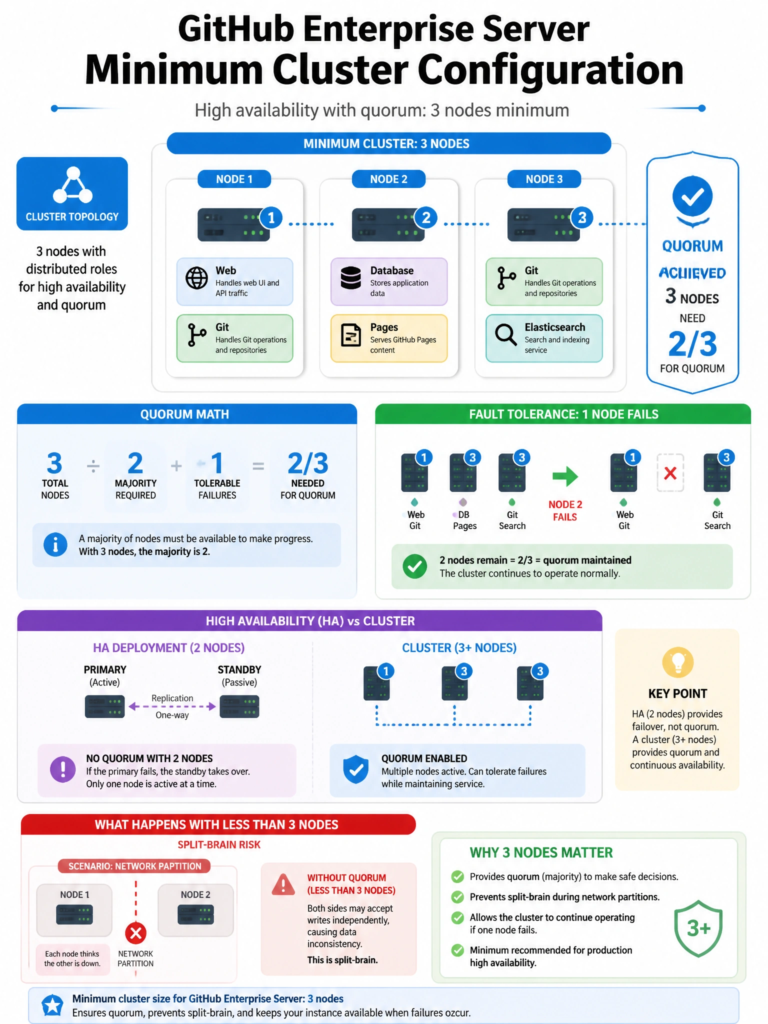 Educational infographic showing GitHub Enterprise Server minimum cluster configuration. Display 3-node cluster with roles distributed across nodes: Node 1 (web, git), Node 2 (database, pages), Node 3 (git, elasticsearch). Show quorum math: 3 nodes, need 2/3 for quorum. Show fault tolerance: 1 node fails → 2 remaining = quorum maintained. Compare with HA (2 nodes = no quorum, passive standby). Show what happens below 3 nodes: split-brain risk diagram. Blue cluster topology with quorum indicator. 1024x768 pixels.
