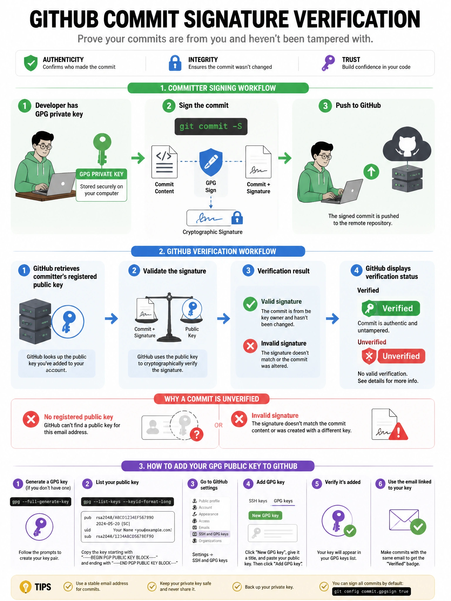 Educational infographic explaining GitHub commit signature verification. Show committer signing workflow: developer has GPG private key → signs commit (git commit -S) → pushes to GitHub. Show verification: GitHub retrieves committer's registered public key → validates signature → displays 'Verified' green badge. Show 'Unverified' state (no registered key or invalid signature). Include how to add GPG key to GitHub account. Green 'Verified' badge with cryptographic key icon and signature flow. 1024x768 pixels.