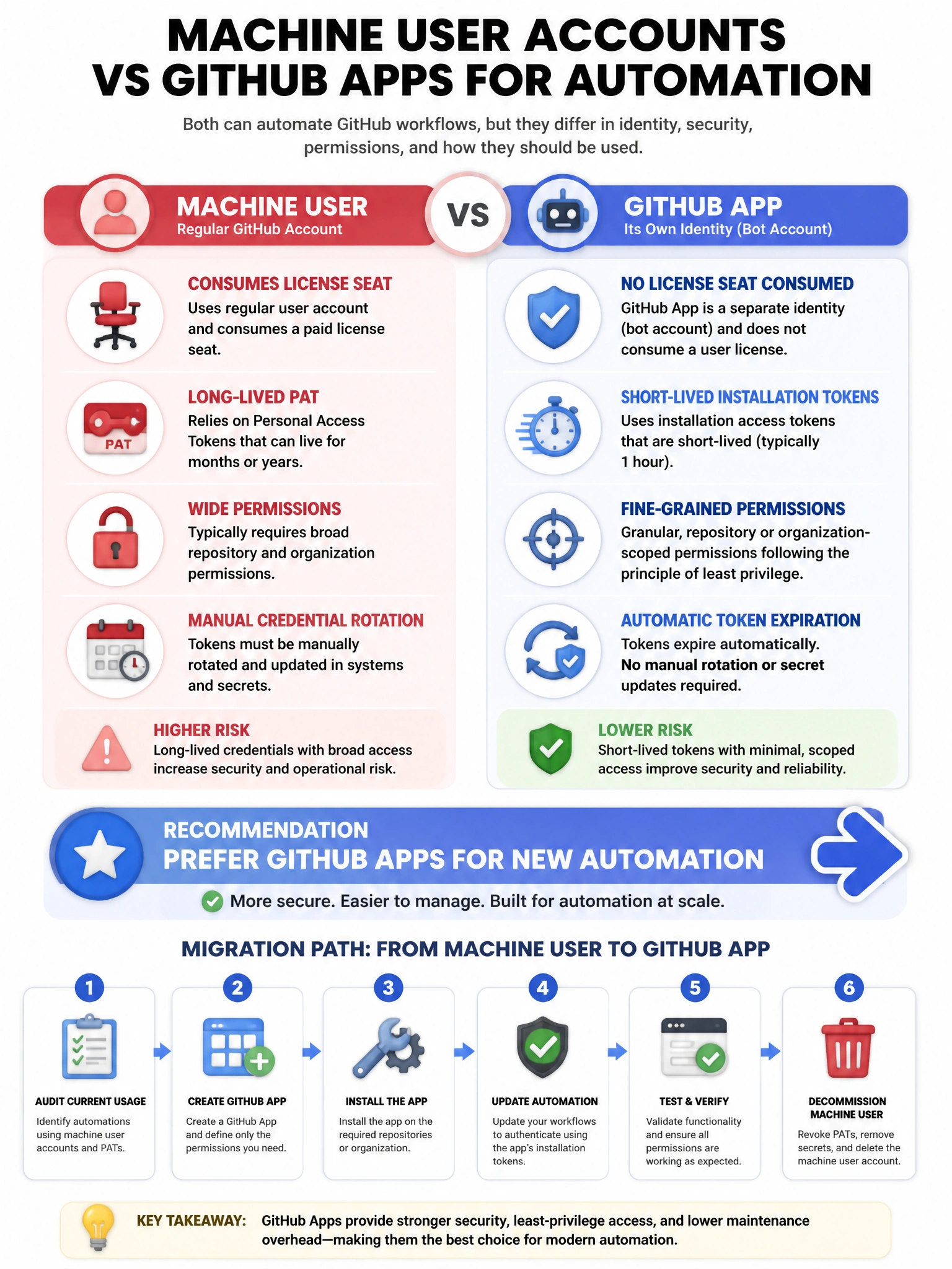 Educational infographic comparing machine user accounts vs GitHub Apps for automation. Left - Machine User: regular GitHub account, consumes license seat, uses long-lived PAT, wide permissions, manual credential rotation. Right - GitHub App: its own identity (bot account), no license seat consumed, short-lived installation tokens, fine-grained permissions, automatic token expiration. Show recommendation arrow: prefer GitHub Apps for new automation. Include migration path from machine user to GitHub App. Blue comparison with GitHub App recommendation highlighted. 1024x768 pixels.