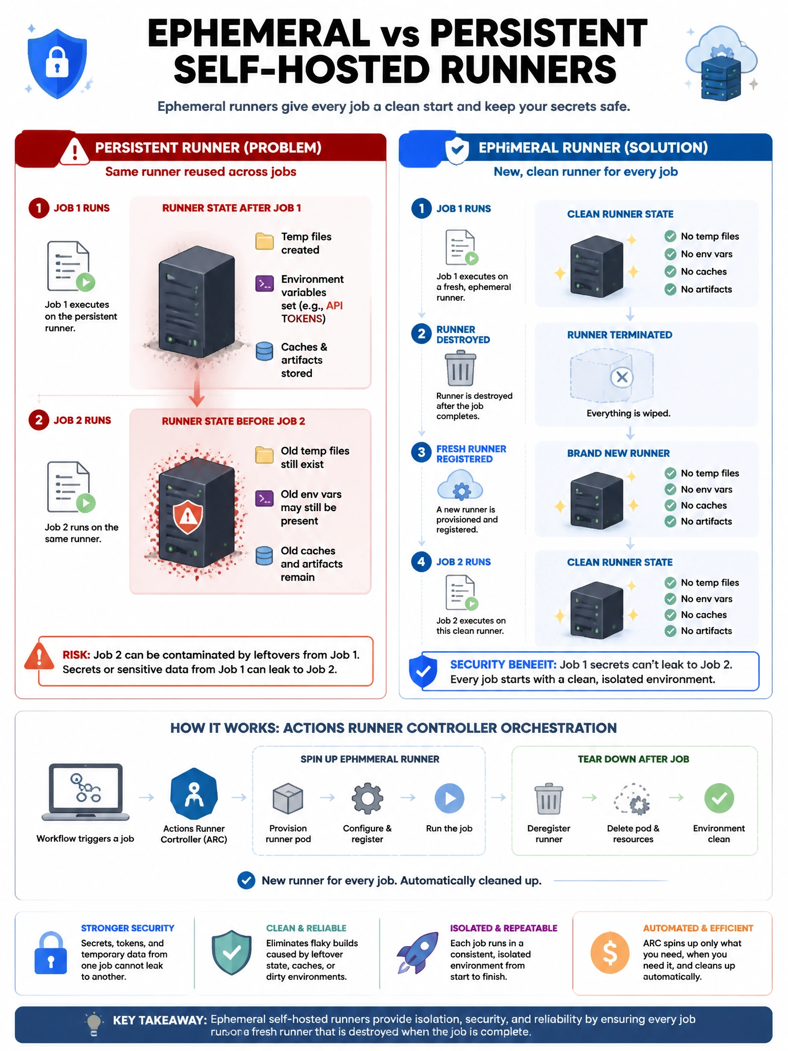 Educational infographic showing ephemeral vs persistent self-hosted runners. Left - Persistent runner problem: Job 1 runs (leaves temp files, env vars) → Job 2 runs on same runner (potentially contaminated). Right - Ephemeral runner solution: Job 1 → runner destroyed → fresh runner registered → Job 2 starts clean. Show security benefit: secrets from Job 1 can't leak to Job 2. Show orchestration: Actions Runner Controller spinning up new ephemeral runners per job. Blue clean/dirty state visualization. 1024x768 pixels.