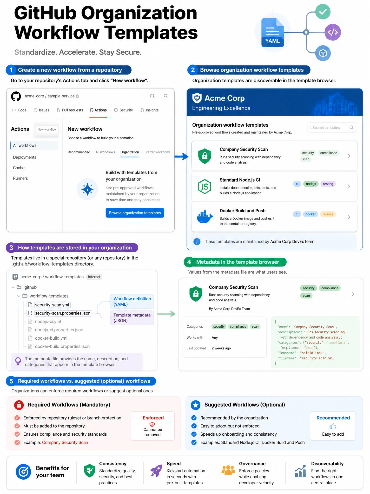 Educational infographic showing GitHub organization workflow templates. Display repository's Actions tab showing 'New workflow' screen. Show organization templates section with custom templates: 'Company Security Scan', 'Standard Node.js CI', 'Docker Build and Push'. Show .github repository structure: workflow-templates/security-scan.yml and security-scan.properties.json. Show how metadata (name, description, categories) appears in the template browser. Compare with required workflows (mandatory vs suggested). Blue template browser with organization branding. 1024x768 pixels.