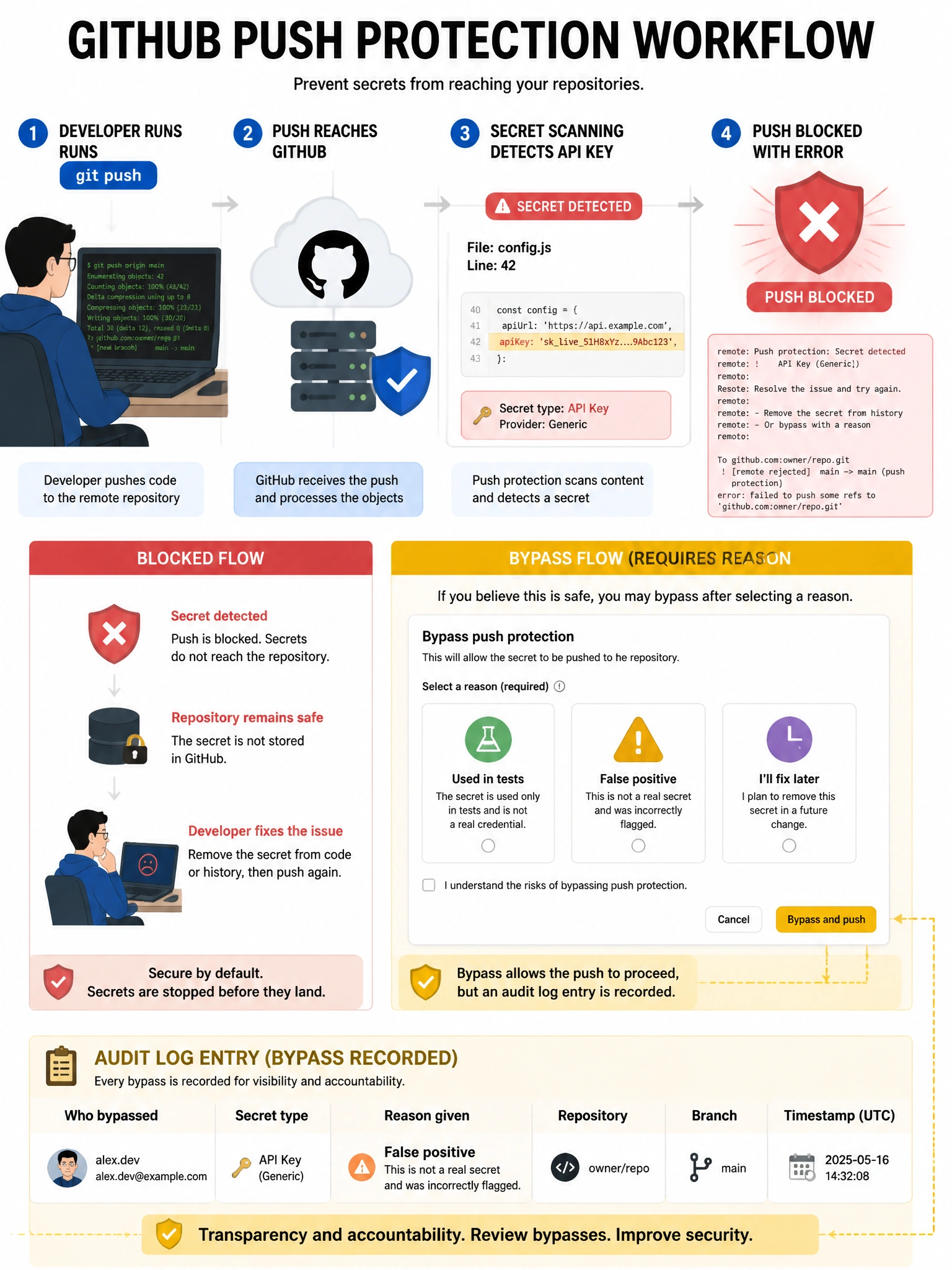 Educational infographic showing GitHub push protection workflow. Display developer running git push → push reaches GitHub → secret scanning detects API key → push BLOCKED with error message. Show three bypass options: 'Used in tests', 'False positive', 'I'll fix later' (all require reason selection). Show audit log entry recording: who bypassed, which secret type, reason given, timestamp. Compare blocked vs bypass flows. Include the push protection alert UI. Red blocking shield with yellow bypass audit trail. 1024x768 pixels.
