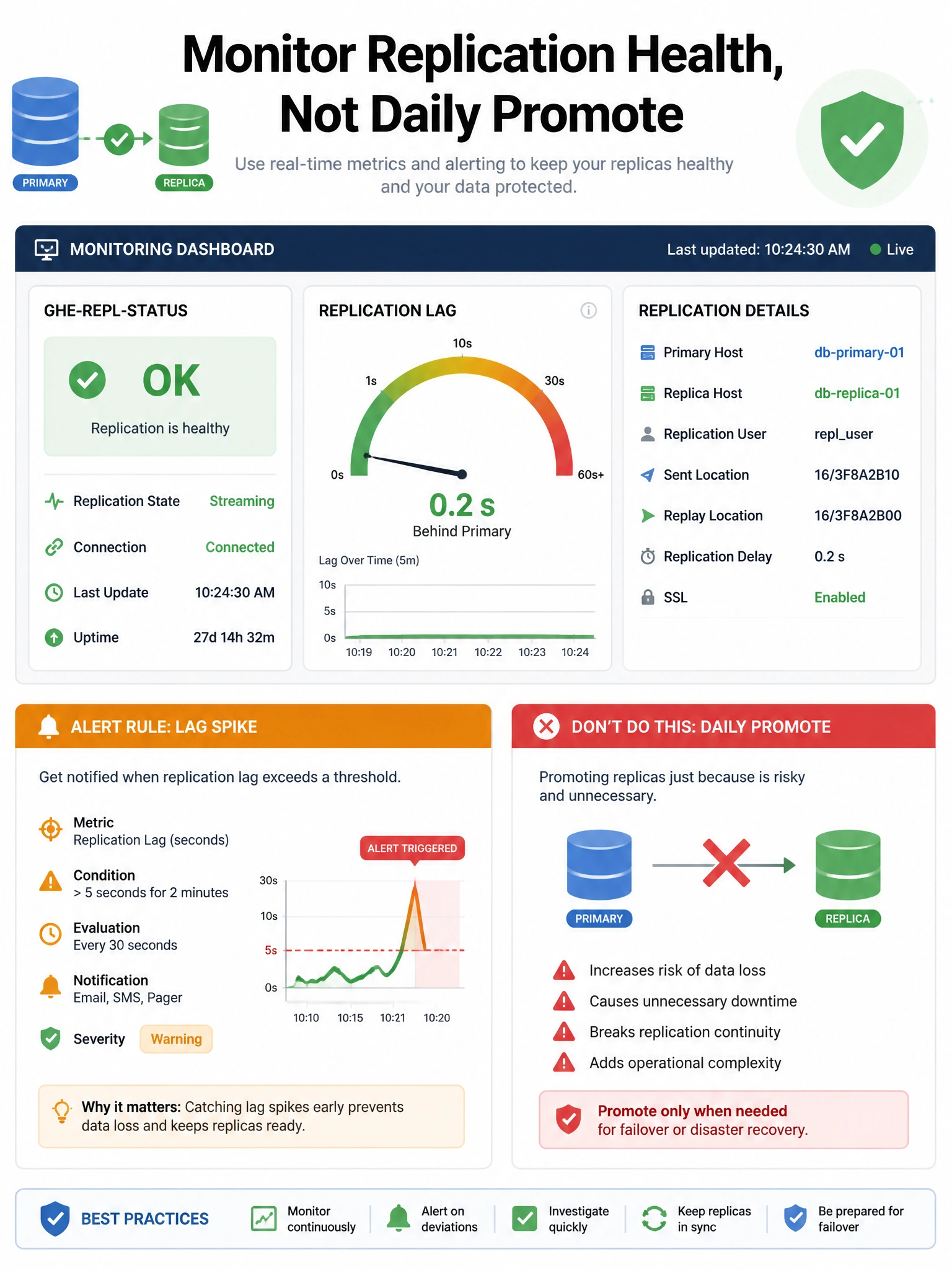 Portrait monitoring dashboard mock: ghe-repl-status green, replication lag gauge near zero, alert rule for lag spike. Warning icon on 'daily promote' with red X.