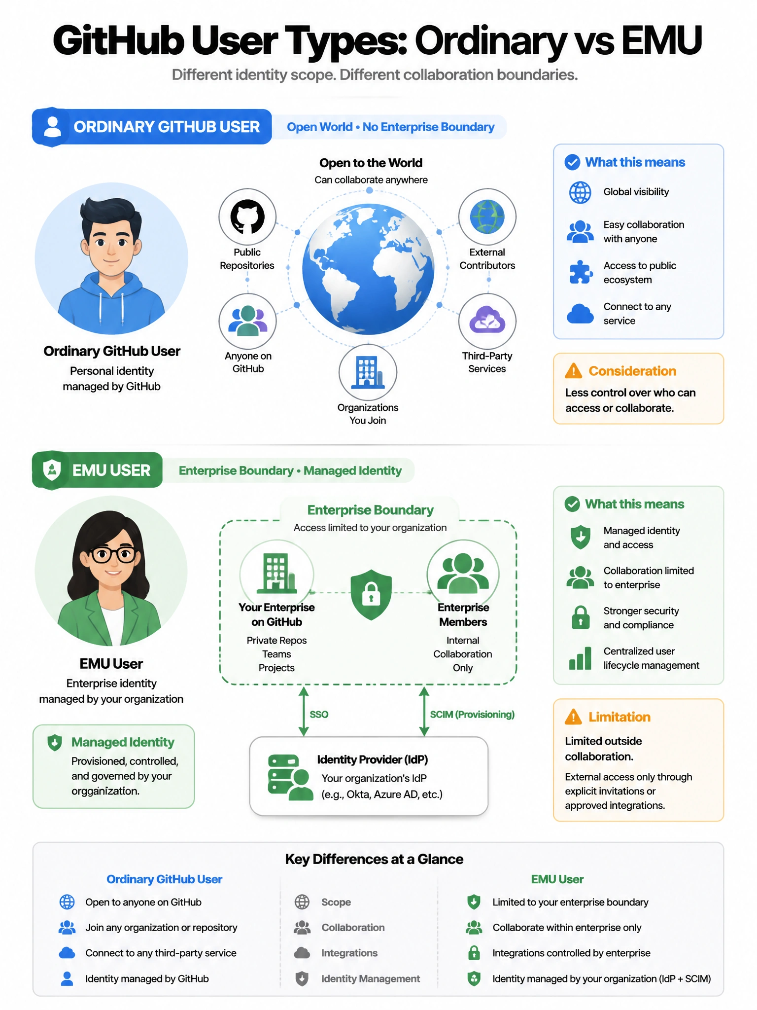 Portrait comparison: ordinary GitHub user (open world icons) vs EMU user (enterprise boundary box, IdP/SCIM arrows). Labels: managed identity, limited outside collaboration.