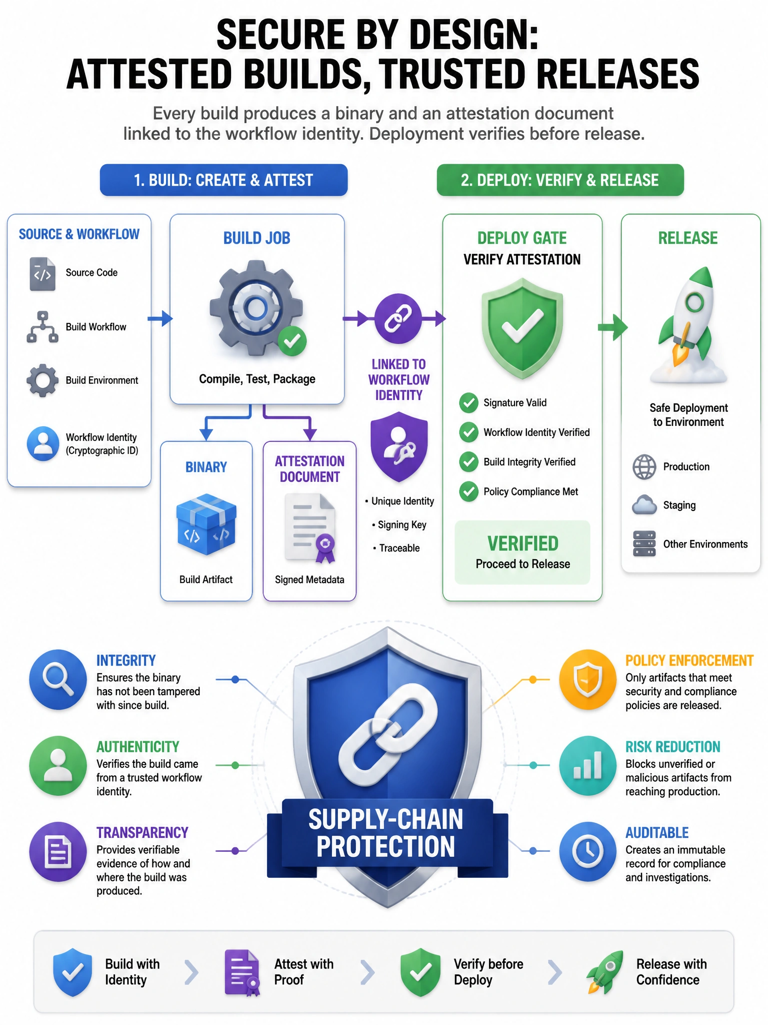 Portrait: build job produces binary + attestation document linked to workflow identity. Deploy gate verifies attestation before release. Supply-chain shield icon.