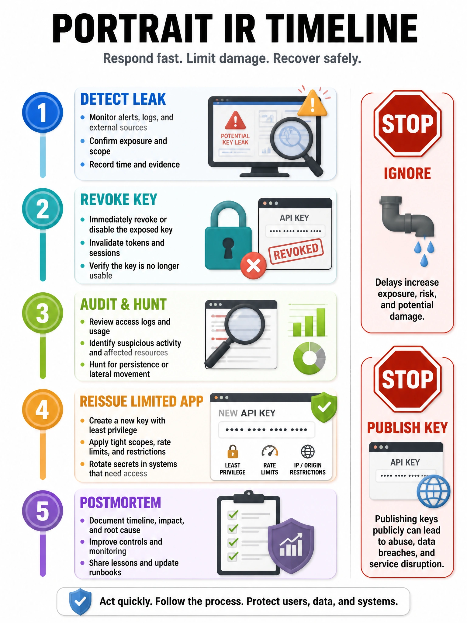 Portrait IR timeline: 1 detect leak, 2 revoke key, 3 audit hunt, 4 reissue limited app, 5 postmortem. Stop-sign on 'ignore' and 'publish key'.