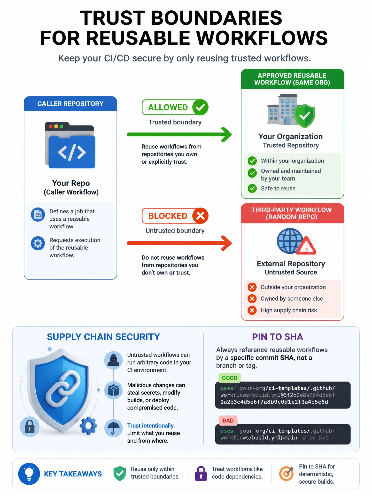 Portrait trust-boundary diagram: caller repo arrow to approved reusable workflow org, blocked arrow to random third-party workflow. Supply chain shield and pin-to-sha note.
