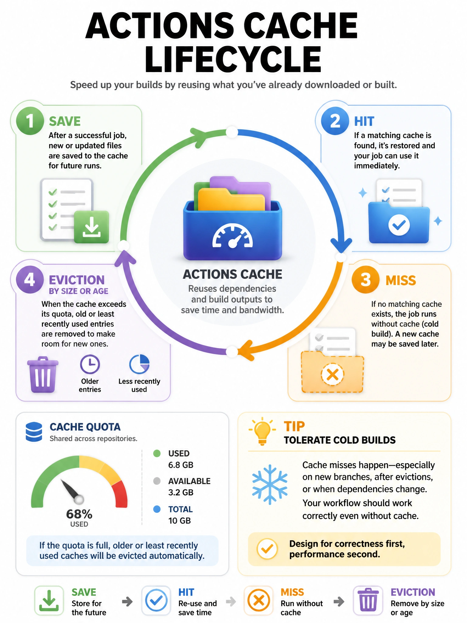 Portrait infographic of Actions cache lifecycle: save, hit, miss, eviction by size or age. Gauge for cache quota and tip to tolerate cold builds.