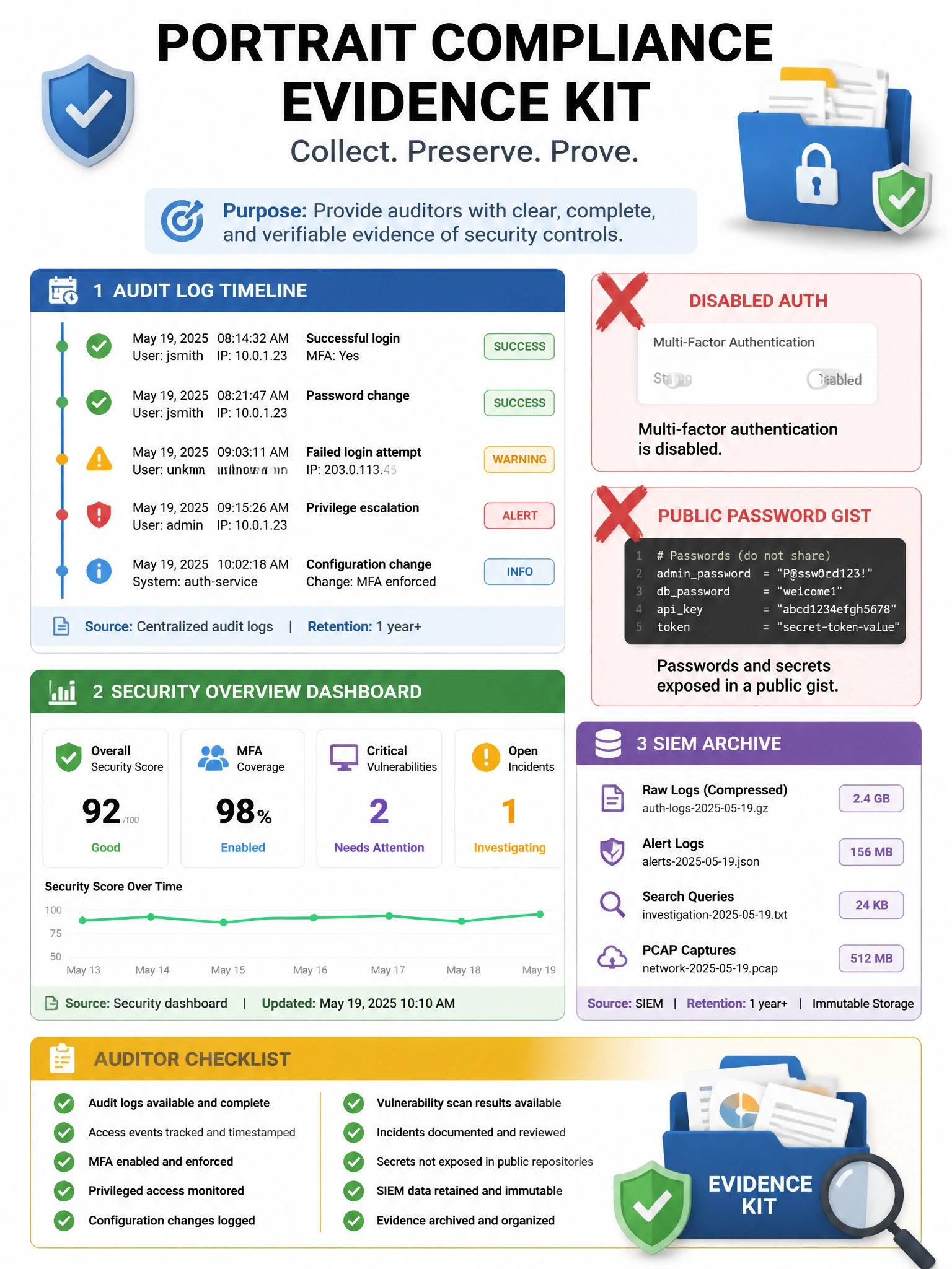 Portrait compliance evidence kit: audit log timeline, Security Overview dashboard, SIEM archive. Red X marks over disabled auth and public password gist. Checklist for auditors.