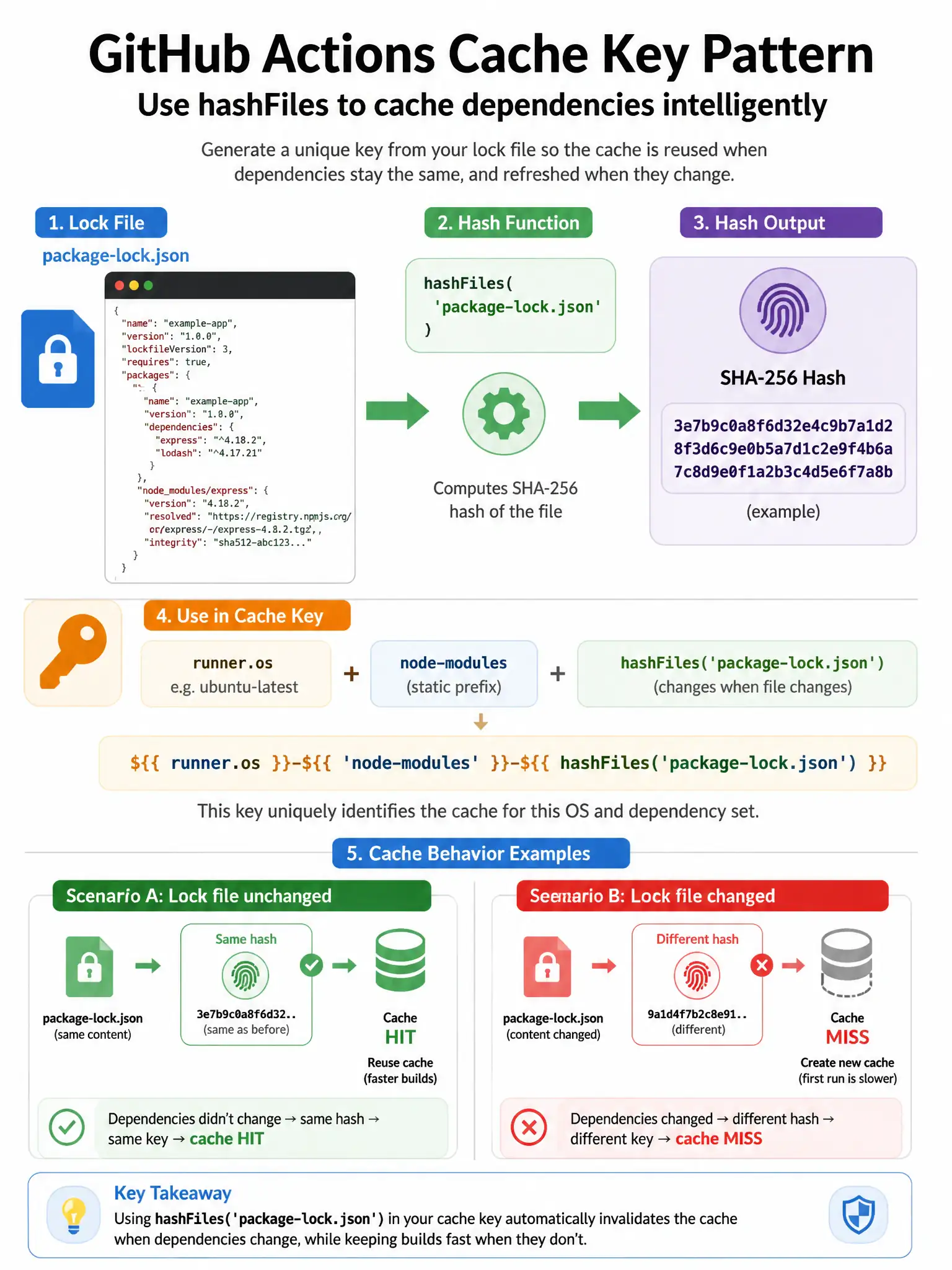 Educational infographic 1024x768 showing hashFiles cache key pattern. Show package-lock.json file with content. Arrow pointing to hashFiles function producing SHA-256 hash string. Use in cache key: runner.os + node-modules + hashFiles(package-lock.json). Show cache HIT vs MISS scenarios when file changes. Lock file icon.