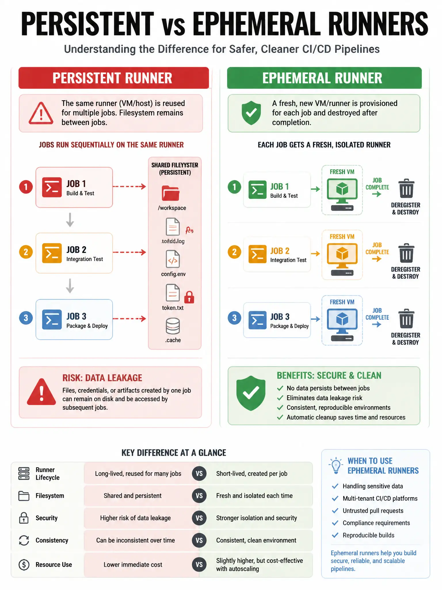 Educational infographic 1024x768 comparing persistent vs ephemeral runners. Left: persistent runner icon showing multiple jobs running sequentially with shared filesystem — red 'data leakage' arrow between jobs. Right: ephemeral runner showing each job getting fresh VM, deregistered after completion (trash icon). Security shield on ephemeral side.
