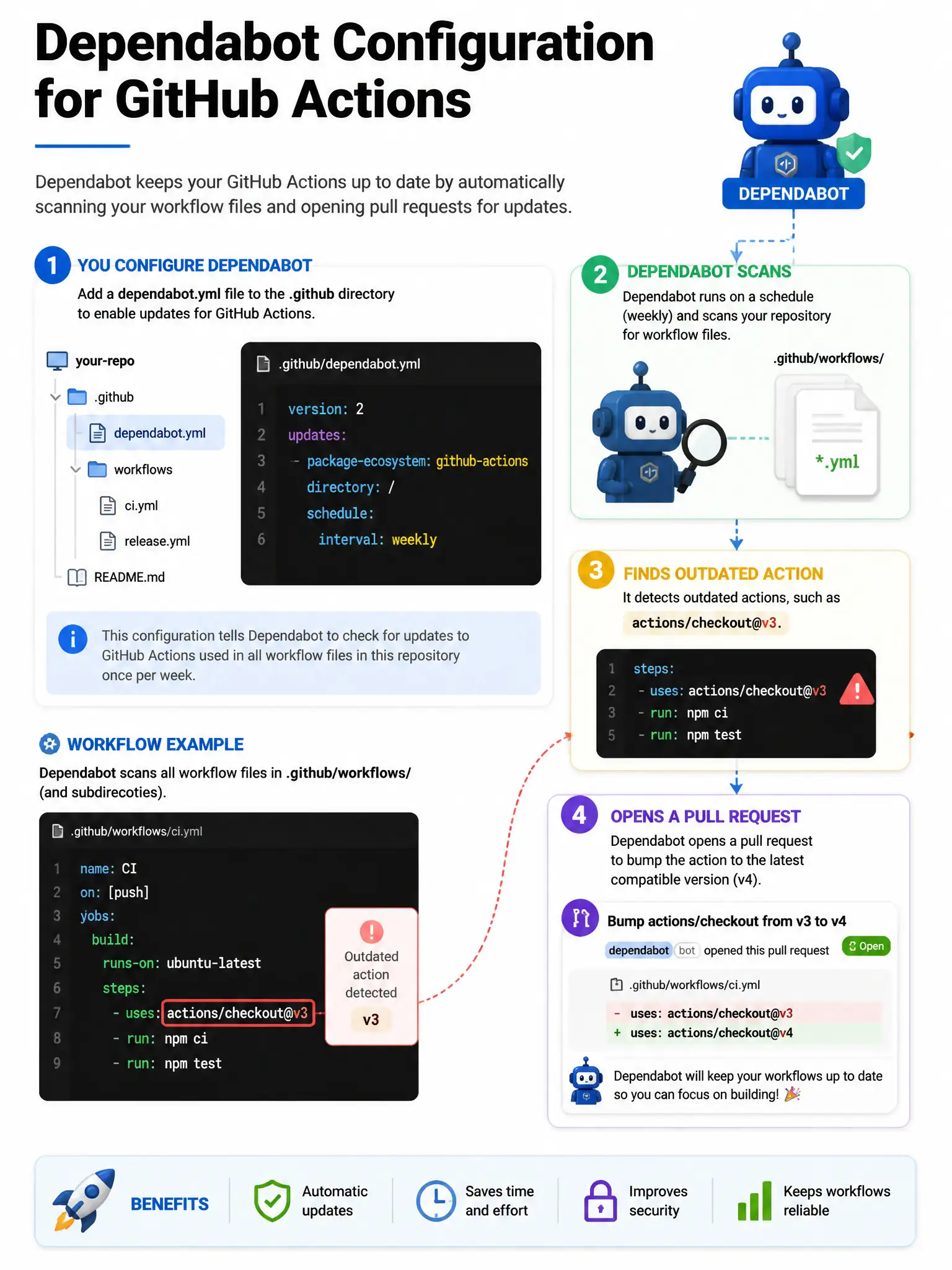 Educational infographic 1024x768 showing Dependabot configuration for Actions. File tree: .github/dependabot.yml shown. YAML content: package-ecosystem: github-actions, directory: /, schedule: interval: weekly. Arrow showing Dependabot scanning .github/workflows/.yml files, finding actions/checkout@v3, opening PR to bump to v4. Dependabot bot icon.