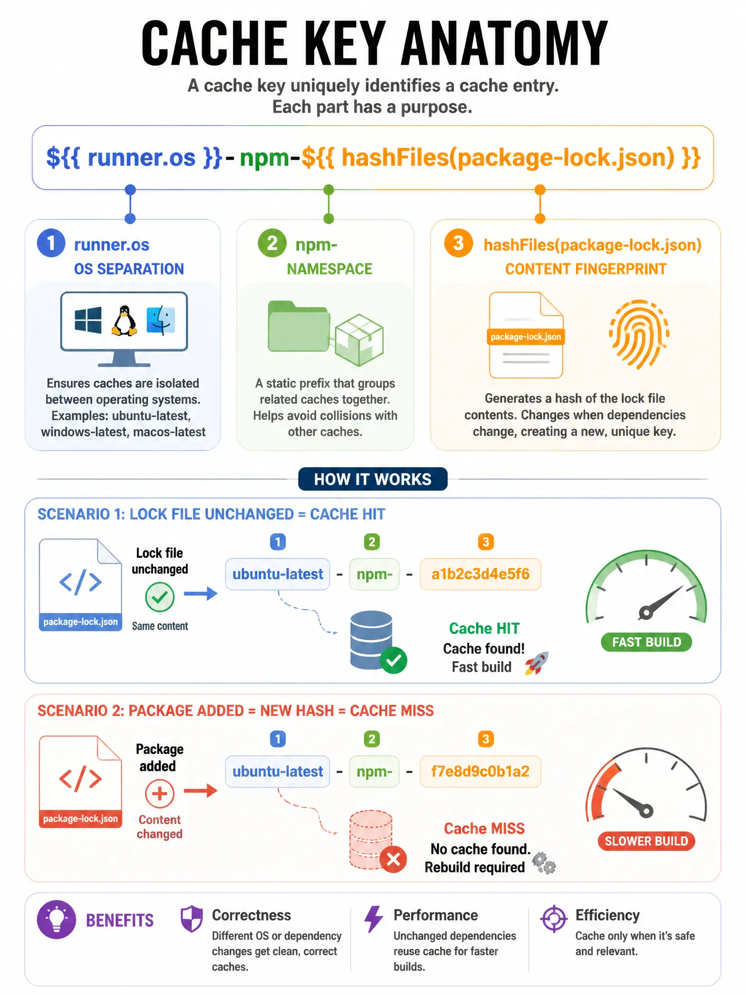Educational infographic 1024x768 showing cache key anatomy. '${{ runner.os }}-npm-${{ hashFiles(package-lock.json) }}' with each segment labeled and color-coded: runner.os (blue, OS separation), npm- (green, namespace), hashFiles (orange, content fingerprint). Show two scenarios: lock file unchanged = cache HIT, package added = new hash = cache MISS. Build speedometer.