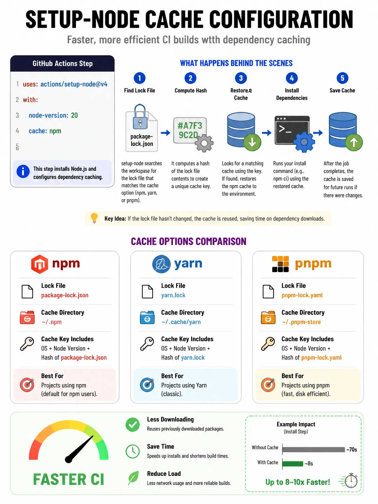 Educational infographic 1024x768 showing setup-node cache configuration. YAML: uses: actions/setup-node@v4, with: node-version: 20, cache: npm. Arrow showing setup-node finding package-lock.json, computing hash, setting up npm cache restore/save. Compare three cache options: npm (package-lock.json), yarn (yarn.lock), pnpm (pnpm-lock.yaml). Speed gauge showing faster CI.