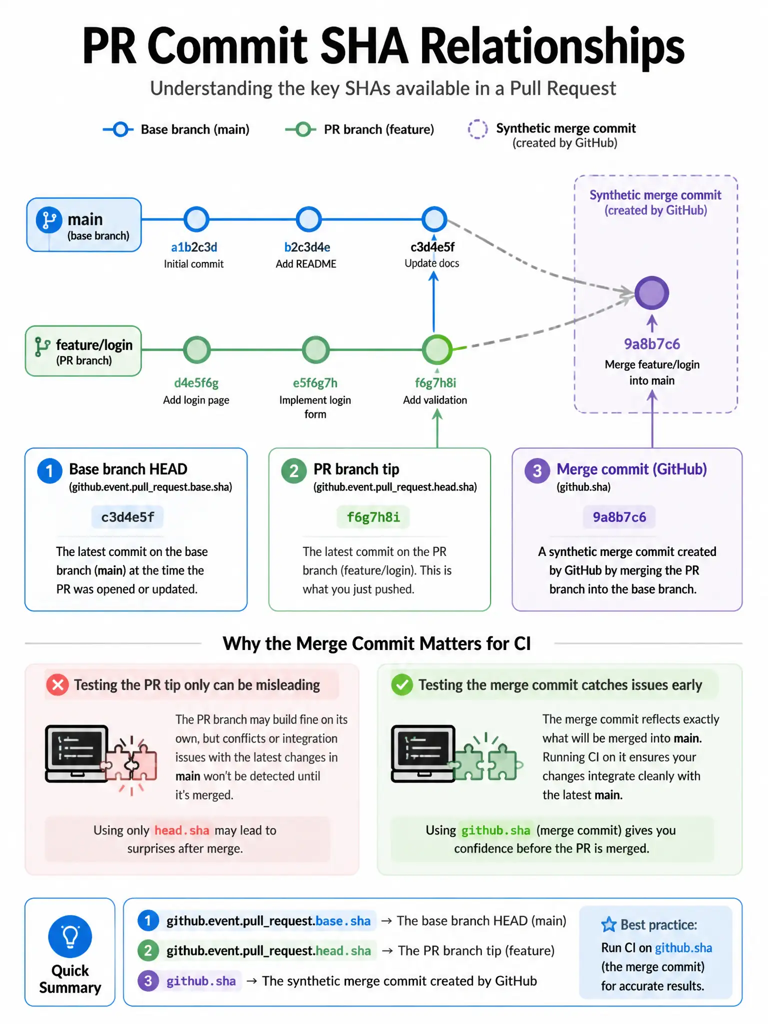 Educational infographic 1024x768 showing PR commit SHA relationships. Git graph showing base branch (main) and PR branch (feature). Synthetic merge commit created by GitHub (dashed box). Labels: github.sha = merge commit SHA, github.event.pullrequest.head.sha = PR branch tip, github.event.pullrequest.base.sha = base branch HEAD. Why merge commit matters for accurate CI testing.