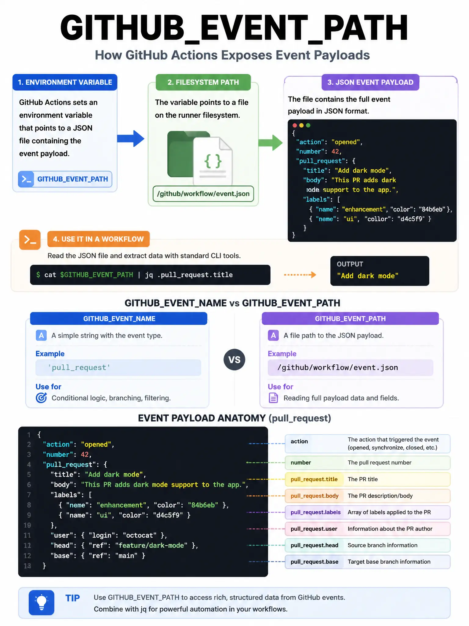 Educational infographic 1024x768 showing GITHUBEVENTPATH usage. Environment variable arrow pointing to filesystem path /github/workflow/event.json. JSON file contents showing pullrequest event payload: action, number, title, body, labels. Command: cat $GITHUBEVENTPATH | jq .pullrequest.title. Compare GITHUBEVENTNAME (string: 'pullrequest') vs GITHUBEVENTPATH (file path). Event payload anatomy.