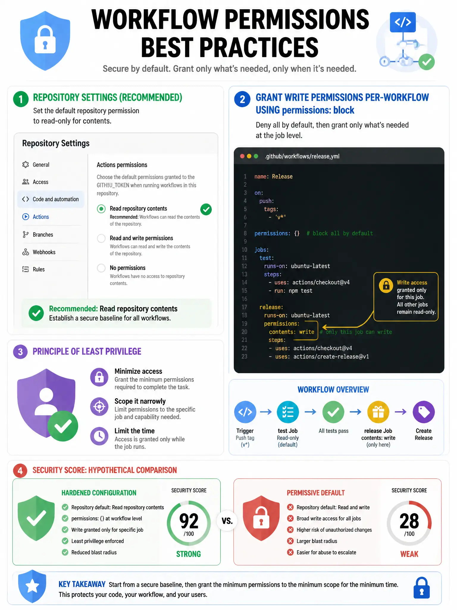 Educational infographic 1024x768 showing workflow permissions best practices. Repository Settings mockup with recommended setting: 'Read repository contents' selected (green checkmark). Text: 'Grant write permissions per-workflow using permissions: block'. Example workflow showing permissions: contents: write only for release job. Principle of least privilege icon. Security score: hardened configuration vs permissive default.