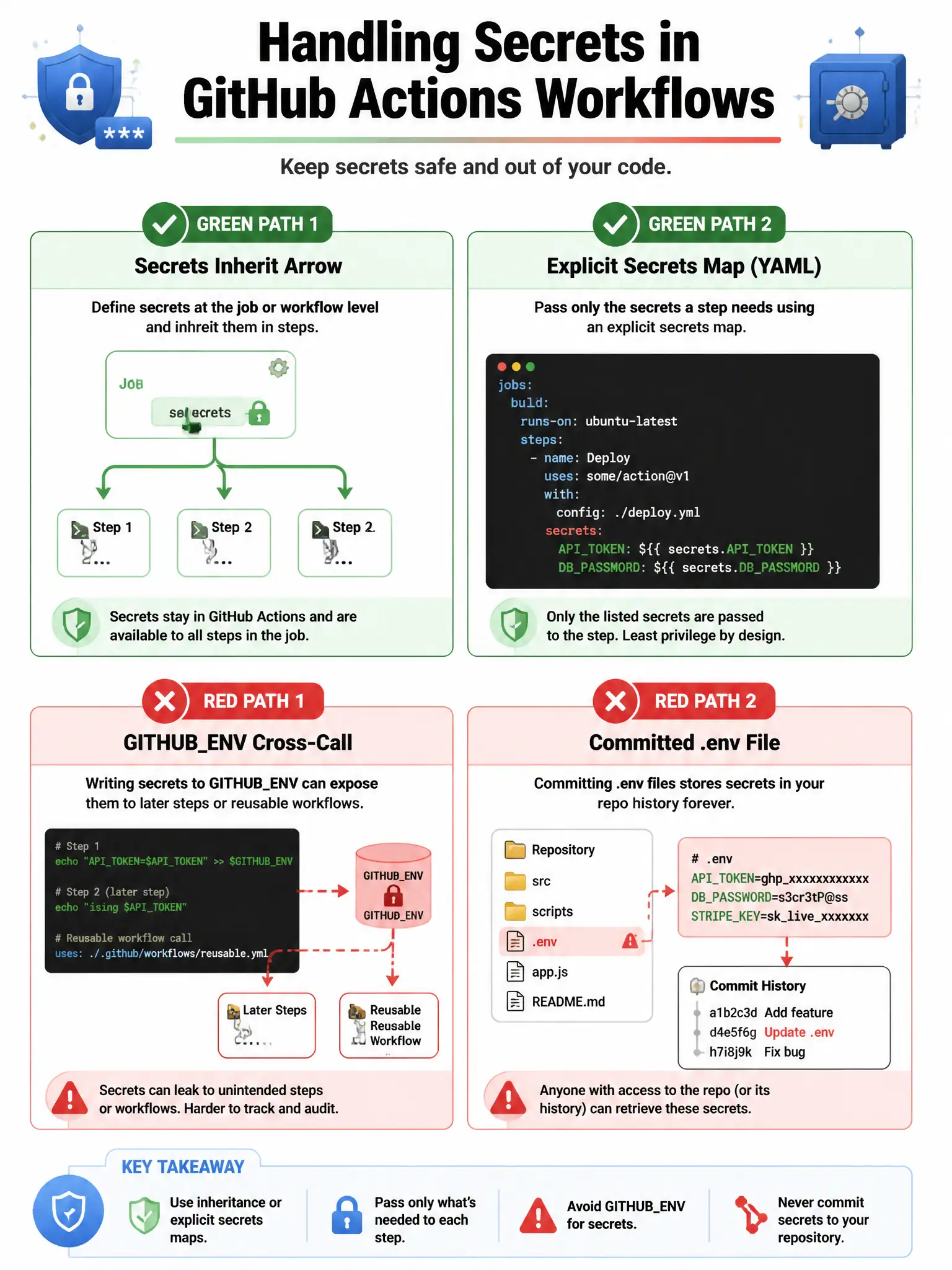 Portrait two green paths: secrets inherit arrow, explicit secrets map YAML. Two red paths: GITHUBENV cross-call, committed .env.