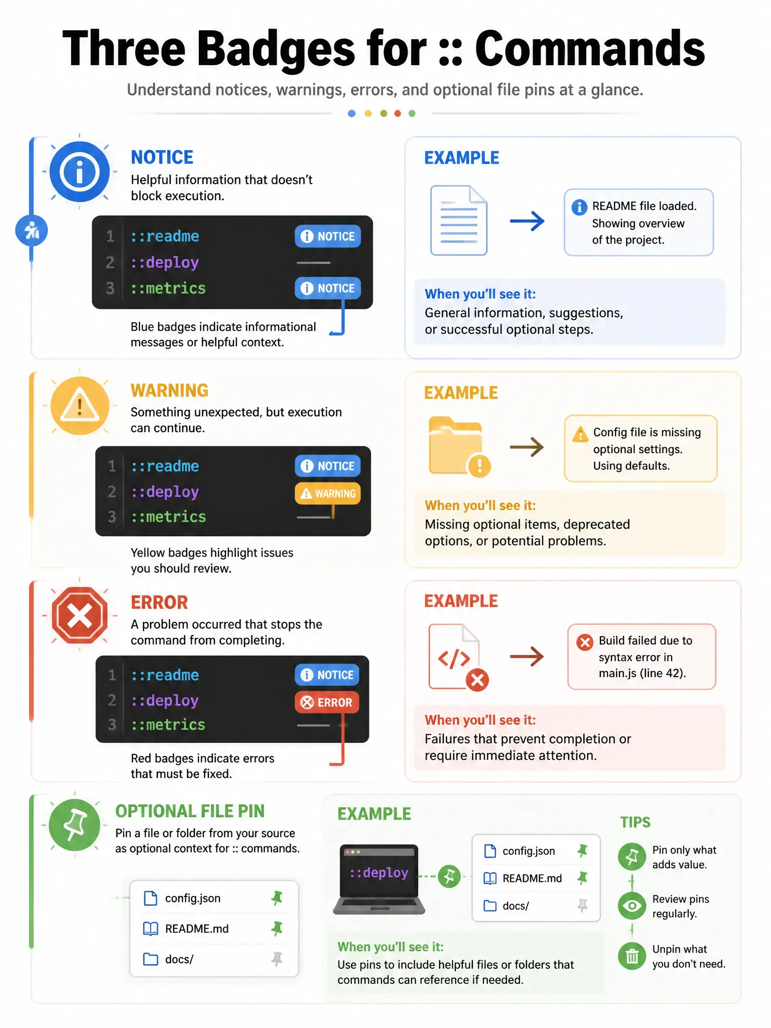 Portrait infographic: three badges notice warning error from :: commands; optional file line pin on source. 1536x2048.